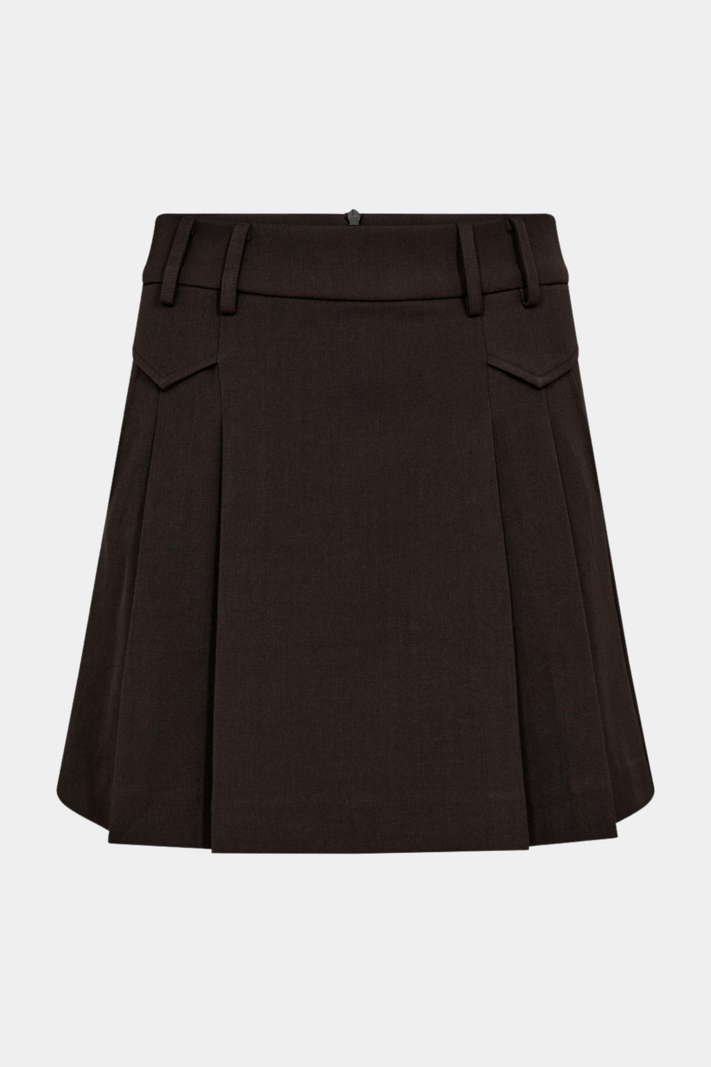 nederdel, skirt, mini, kort, læg, lommer, brun, brown, mørkebrun, college, Fin, smuk, elegant, klassisk, staple, feminin, pæn, rå, cool, sej, unik, musthave, hverdag, fest, kvinde, dame, woman
