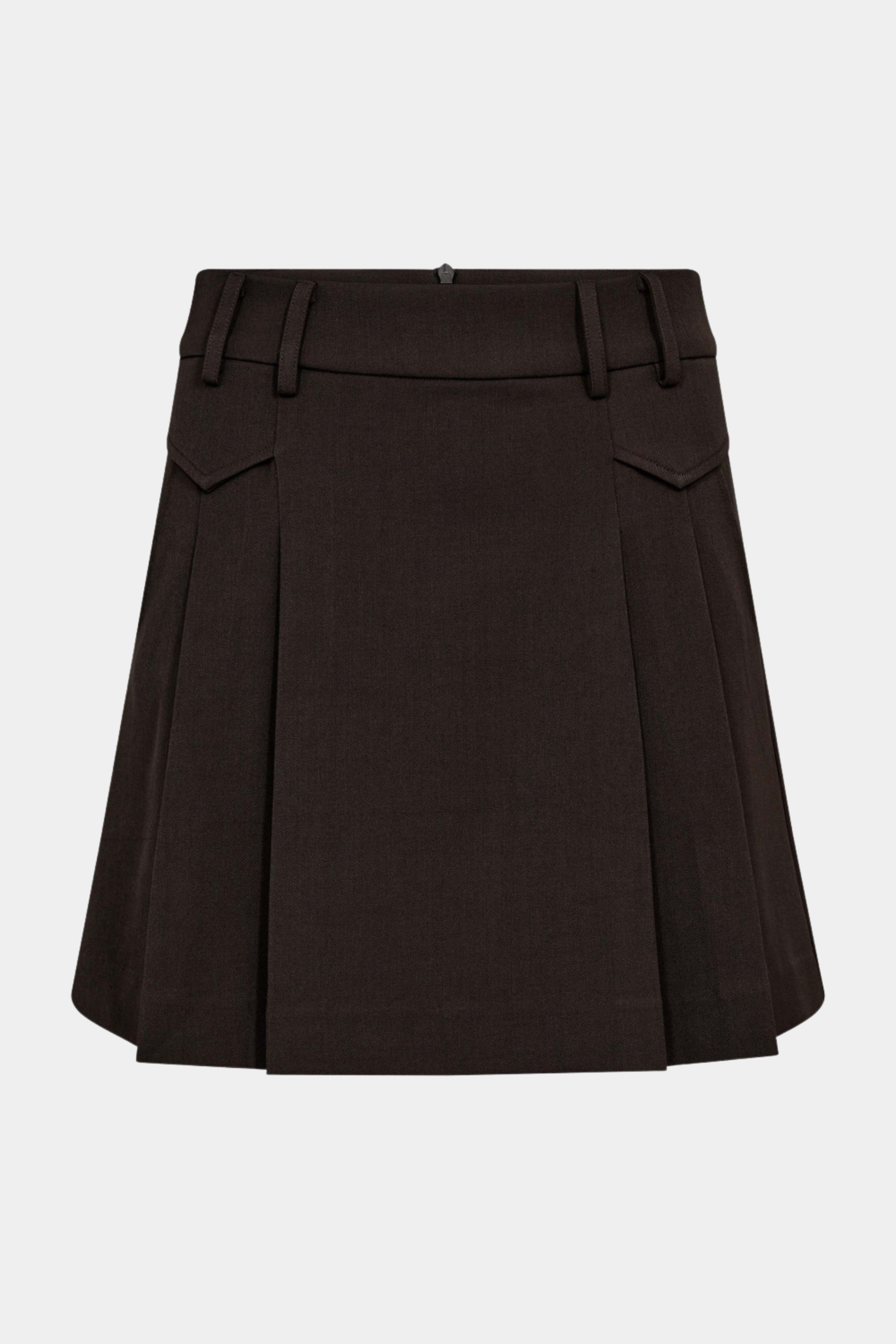 nederdel, skirt, mini, kort, læg, lommer, brun, brown, mørkebrun, college, Fin, smuk, elegant, klassisk, staple, feminin, pæn, rå, cool, sej, unik, musthave, hverdag, fest, kvinde, dame, woman
