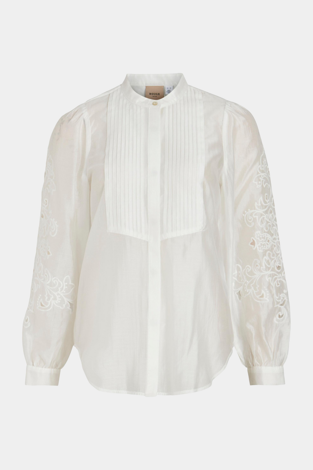 skjorte, shirt, blouse, bluse, skjortebluse, hvid, white, råhvid, transparent, gennemsigtig, læg, broderi, broderet langærmet, løs, loose, elegant, fin, feminin, business, arbejde, work, chassis, klassisk, romantisk, pufærmer, ballonærmer, kvinde, dame, woman