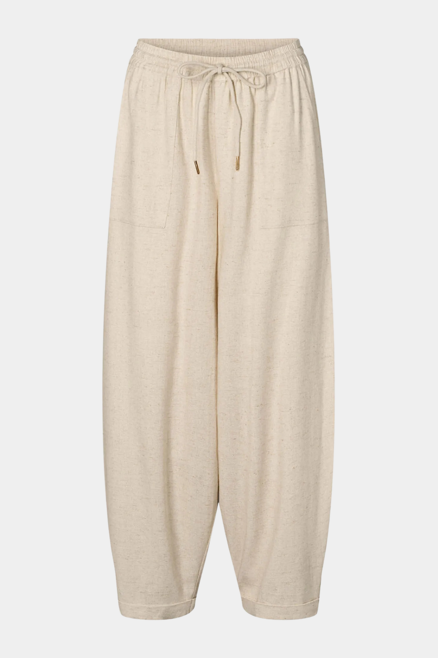 buks, bukser, pants, hør, lette, luftig, beige, bindebånd, Fin, smuk, elegant, klassisk, feminin, pæn, rå, cool, sej, unik, musthave, hverdag, fest, linen, løs, loose, boxy, gulerodsbuks, sommerbuks, natur, meleret, melange