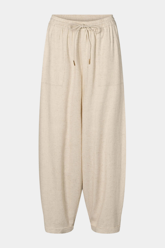 buks, bukser, pants, hør, lette, luftig, beige, bindebånd, Fin, smuk, elegant, klassisk, feminin, pæn, rå, cool, sej, unik, musthave, hverdag, fest, linen, løs, loose, boxy, gulerodsbuks, sommerbuks, natur, meleret, melange