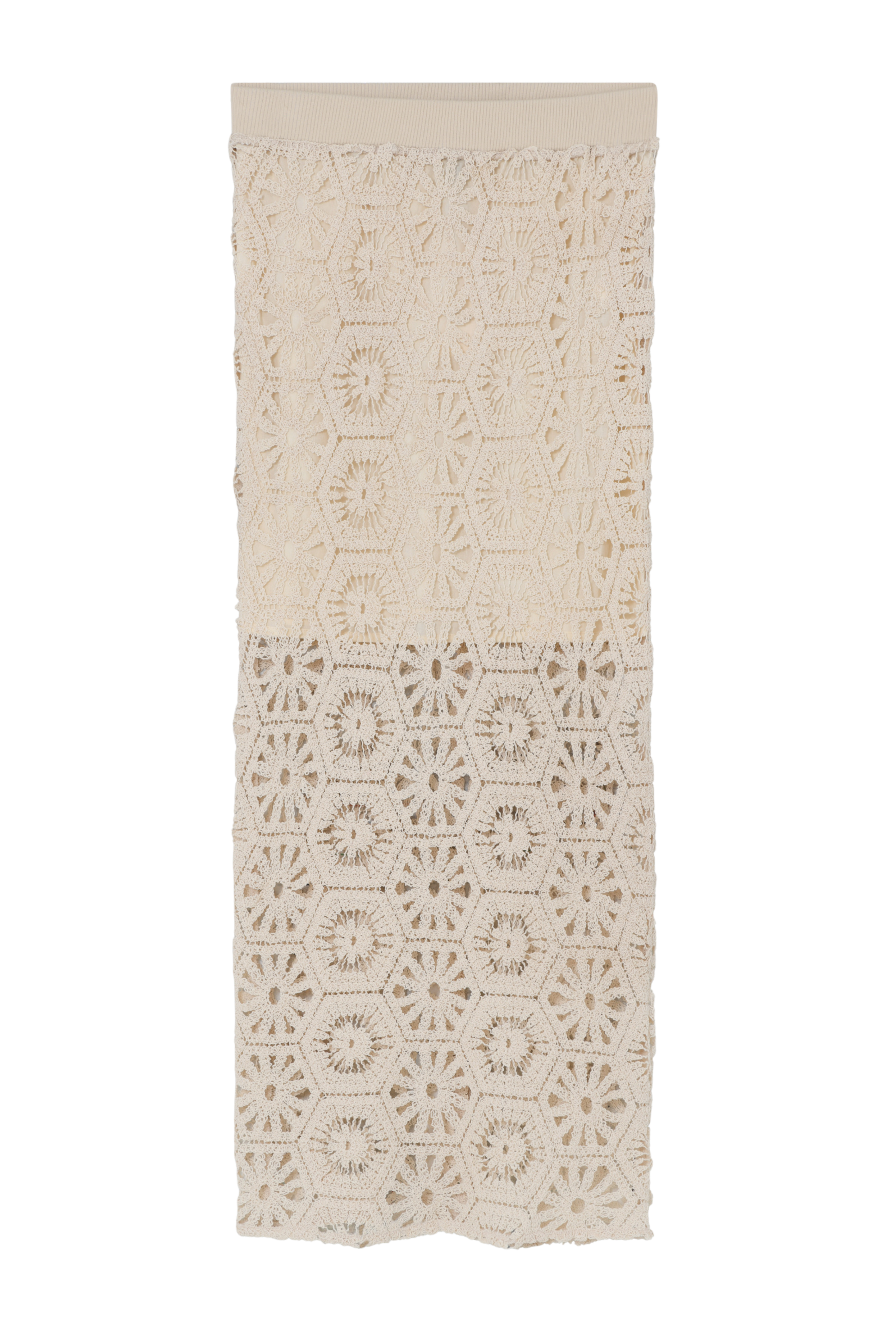 Fin, smuk, elegant, klassisk, staple, feminin, pæn, rå, cool, sej, unik, musthave, hverdag, fest, kvinde, dame, woman, skirt, nederdel, crochet, hæklet, strikket, knit, mønster, pattern, elastik, long, maxi, tight, slim, tætsiddende, stretchy, stæk, elegant, sommer, bali, blød, soft, beige, nature