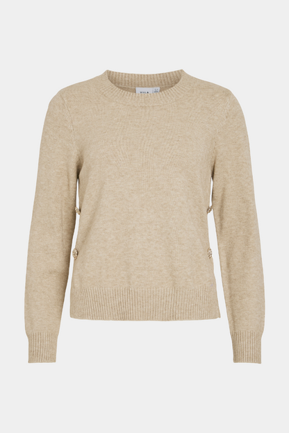 strik, knit, pullover, beige, brun, melange, rundhals, knapper, rib, fin, smuk, elegant, klassisk, feminin, pæn, rå, cool, sej, unik, musthave, hverdag, fest