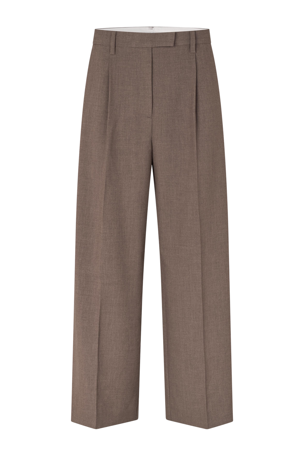 Fin, smuk, elegant, klassisk, staple, feminin, pæn, rå, cool, sej, unik, musthave, hverdag, fest, kvinde, dame, woman, buks, pant, business, arbejde, work, pressefold, læg, vidde, vid, bred, meleret, melange, beige, brun, brown, tidsløs, stilet