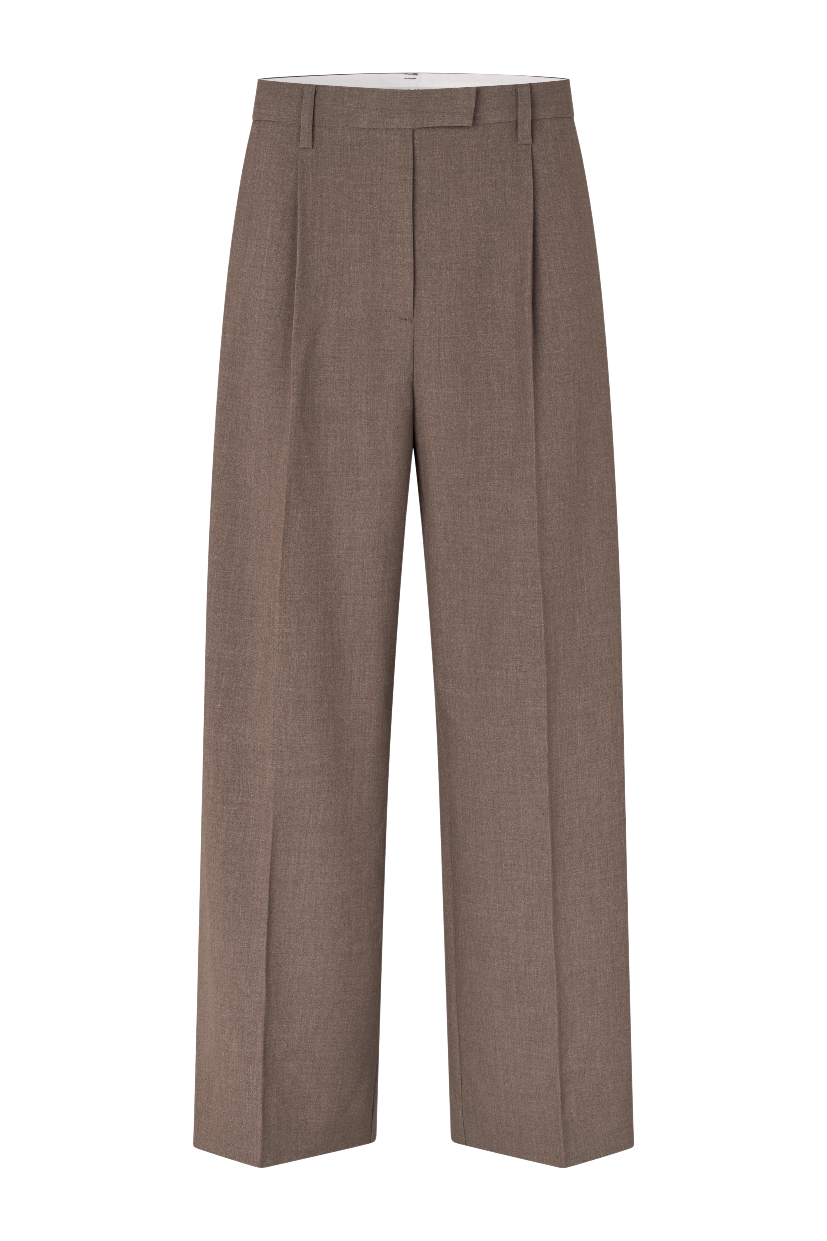 Fin, smuk, elegant, klassisk, staple, feminin, pæn, rå, cool, sej, unik, musthave, hverdag, fest, kvinde, dame, woman, buks, pant, business, arbejde, work, pressefold, læg, vidde, vid, bred, meleret, melange, beige, brun, brown, tidsløs, stilet