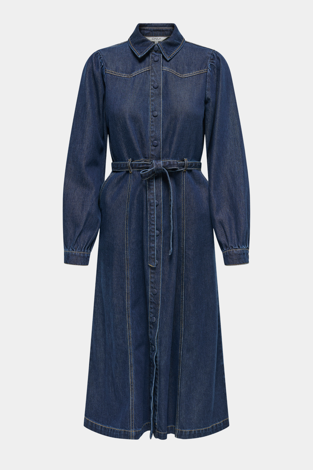 Fin, smuk, elegant, klassisk, staple, feminin, pæn, rå, cool, sej, unik, musthave, hverdag, fest, kvinde, dame, woman, kjole, dress, denim, mørkeblå, dark blue, kontrast, kontraststikninger, langærmet, knapper, bælte, bånd, bindebånd, ballon, krave, klassisk, classic, midi, long, maxi, mellemlang