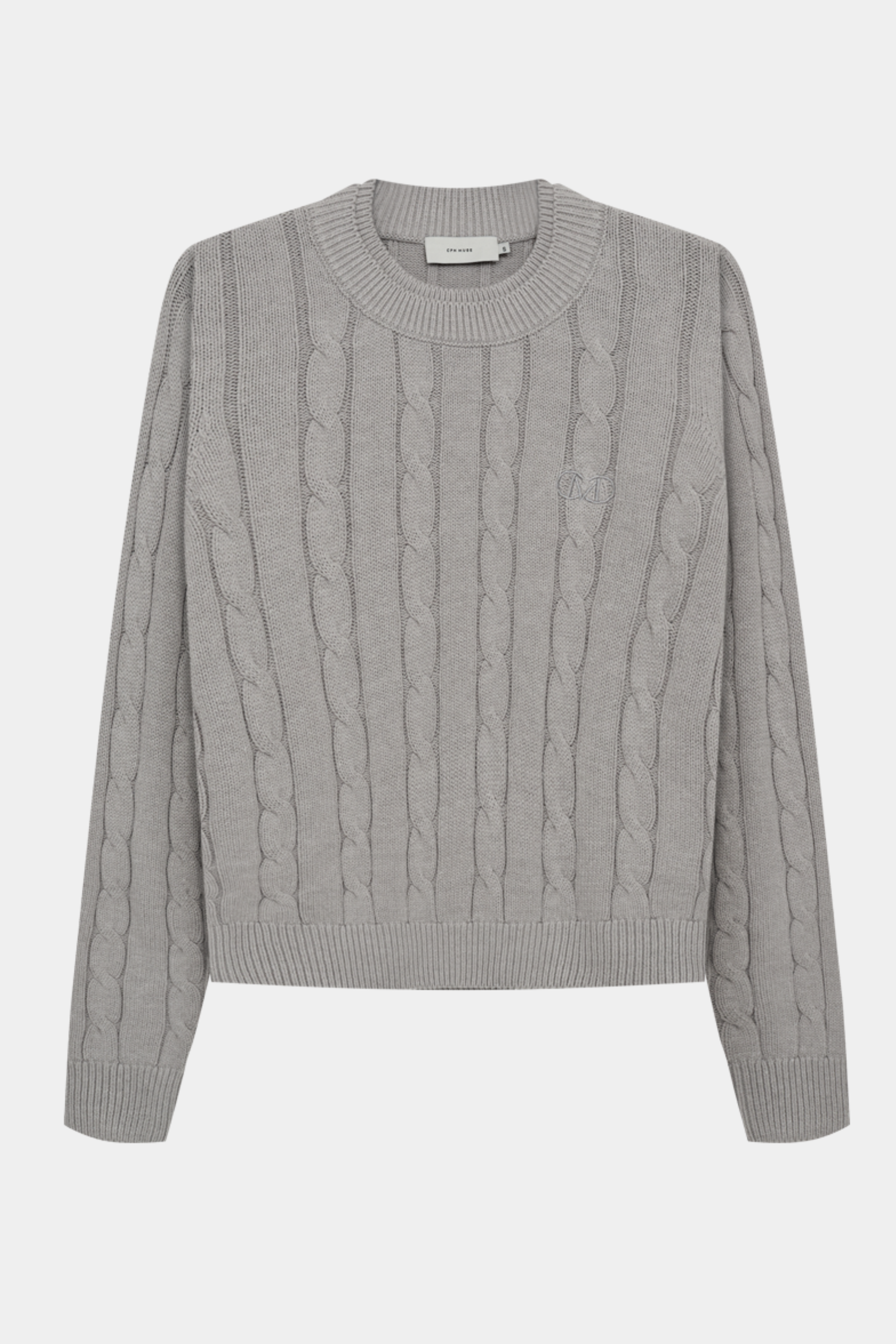 Fin, smuk, elegant, klassisk, staple, feminin, pæn, rå, cool, sej, unik, musthave, hverdag, fest, kvinde, dame, woman, strik, knit, grå, grey, melange, kabelstrik, cable, langærmet, rund hals, long sleeve, soft, blød, loose, løs, warm, varm,, unisex, ralph lauren