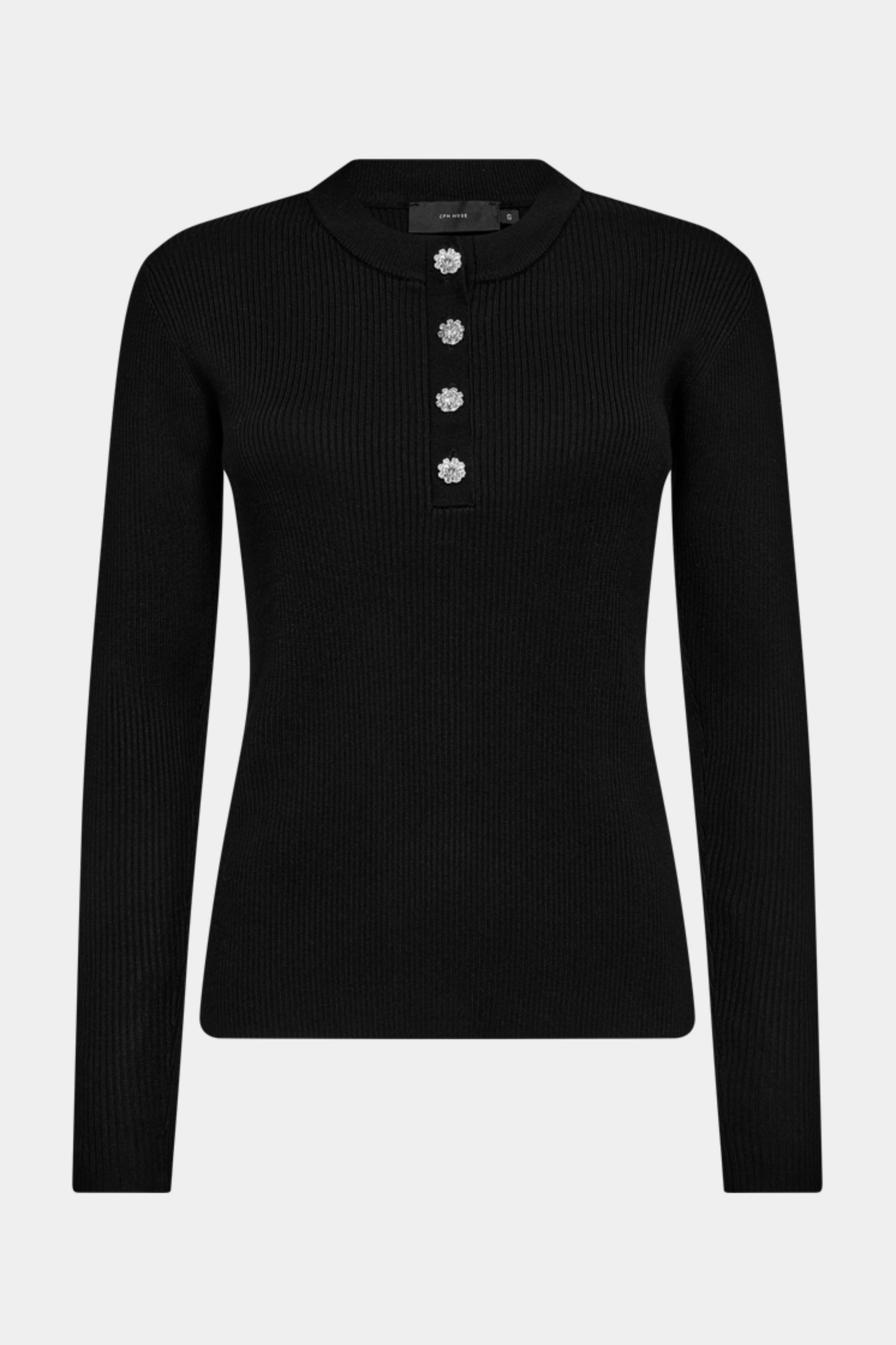 Fin, smuk, elegant, klassisk, staple, feminin, pæn, rå, cool, sej, unik, musthave, hverdag, fest, kvinde, dame, woman, strik, knit, rib, knapper, perler, sten, simili, langærmet, long sleeve, tætsiddende, tight, slim, blød, soft, sort, black, basic