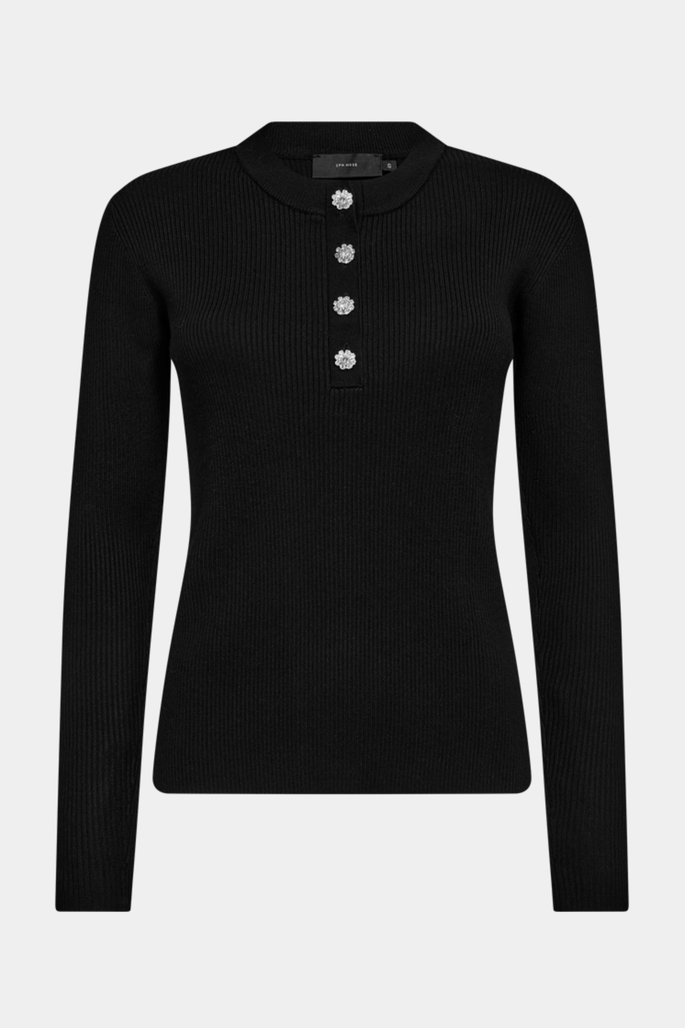 Fin, smuk, elegant, klassisk, staple, feminin, pæn, rå, cool, sej, unik, musthave, hverdag, fest, kvinde, dame, woman, strik, knit, rib, knapper, perler, sten, simili, langærmet, long sleeve, tætsiddende, tight, slim, blød, soft, sort, black, basic