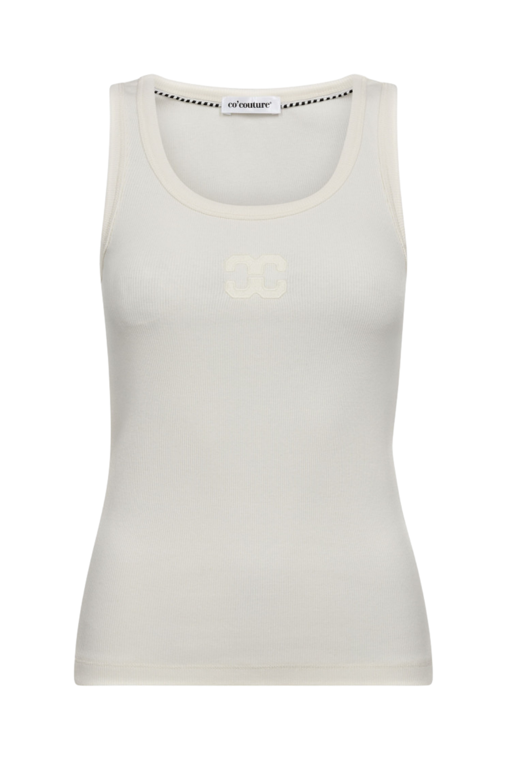 top, tanktop, stroptop, hvid, logo, broderi, rib, ribkvalitet, blød, Fin, smuk, elegant, klassisk, staple, feminin, pæn, rå, cool, sej, unik, musthave, hverdag, fest, kvinde, dame, woman
