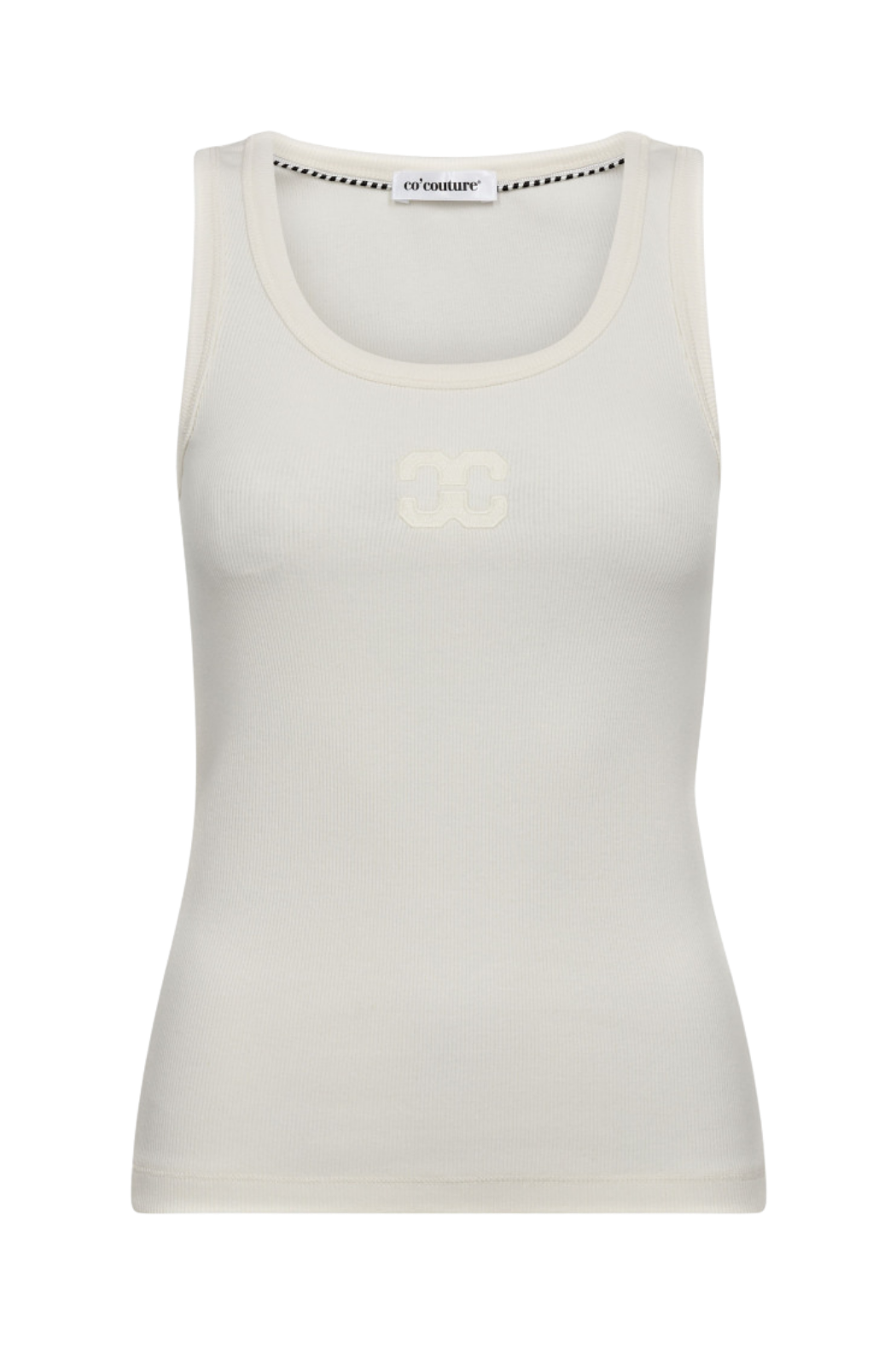 top, tanktop, stroptop, hvid, logo, broderi, rib, ribkvalitet, blød, Fin, smuk, elegant, klassisk, staple, feminin, pæn, rå, cool, sej, unik, musthave, hverdag, fest, kvinde, dame, woman
