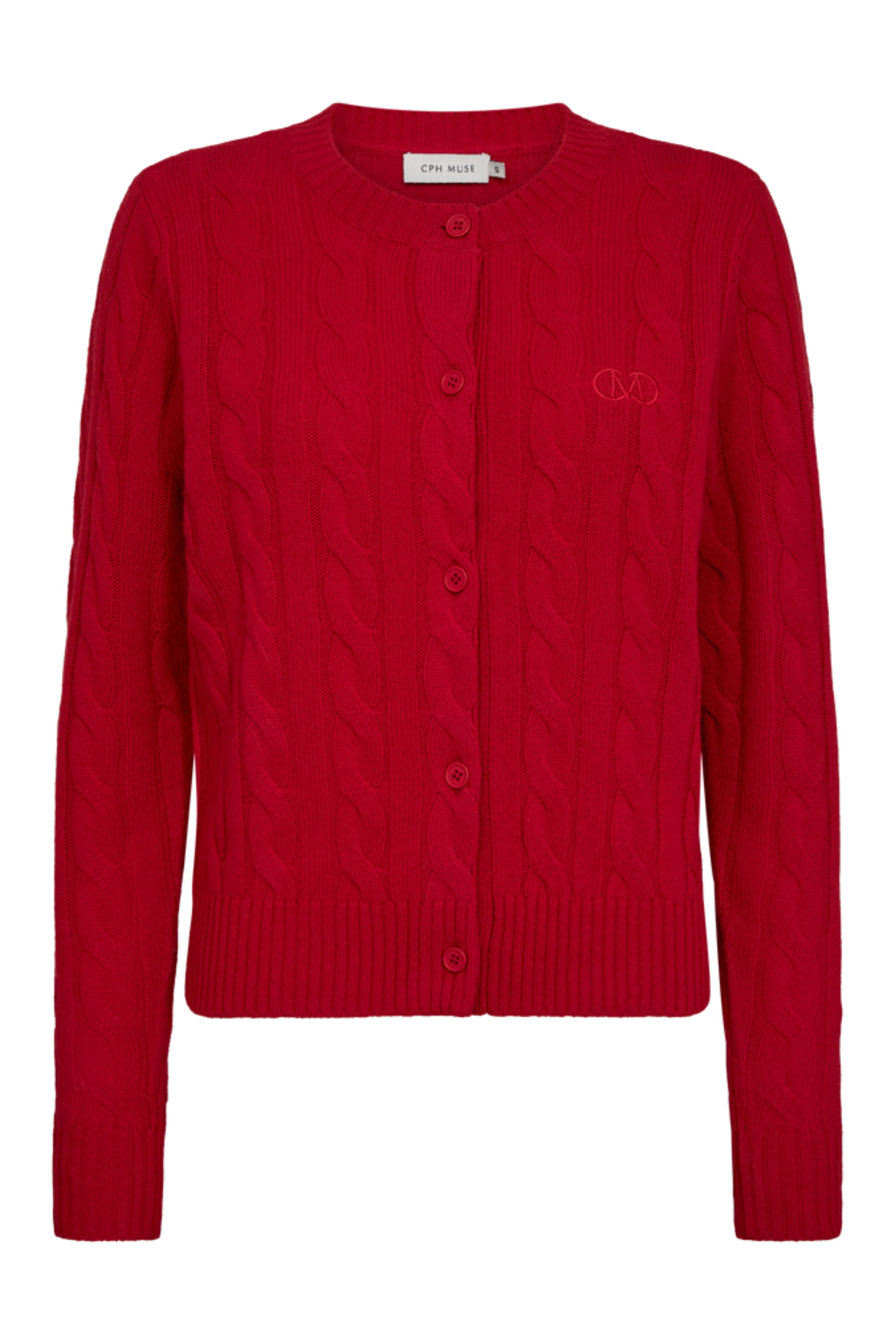 Fin, smuk, elegant, klassisk, staple, feminin, pæn, rå, cool, sej, unik, musthave, hverdag, fest, kvinde, dame, woman, cardigan, trøje, bluse, blouse, pullover, knapper, buttons, fitted, langærmet, rund hals, blød, soft, kashmir, cashmere, wool, uld, kabelstrik, kabelmønster, mønster, snoet, rød, red