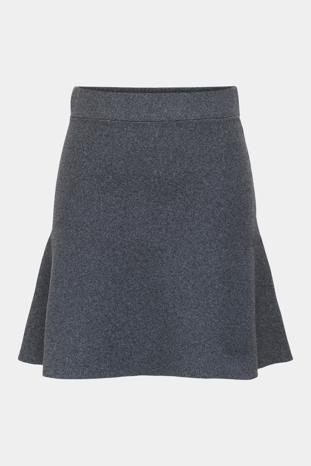 Fin, smuk, elegant, klassisk, staple, feminin, pæn, rå, cool, sej, unik, musthave, hverdag, fest, kvinde, dame, woman, nederdel, skirt, short, midi, mini, strik, knit, striknederdel, a-shape, løs, loose, flagrende, elastik, stretchy, grå, grey, mørkegrå, dark grey, soft, blød