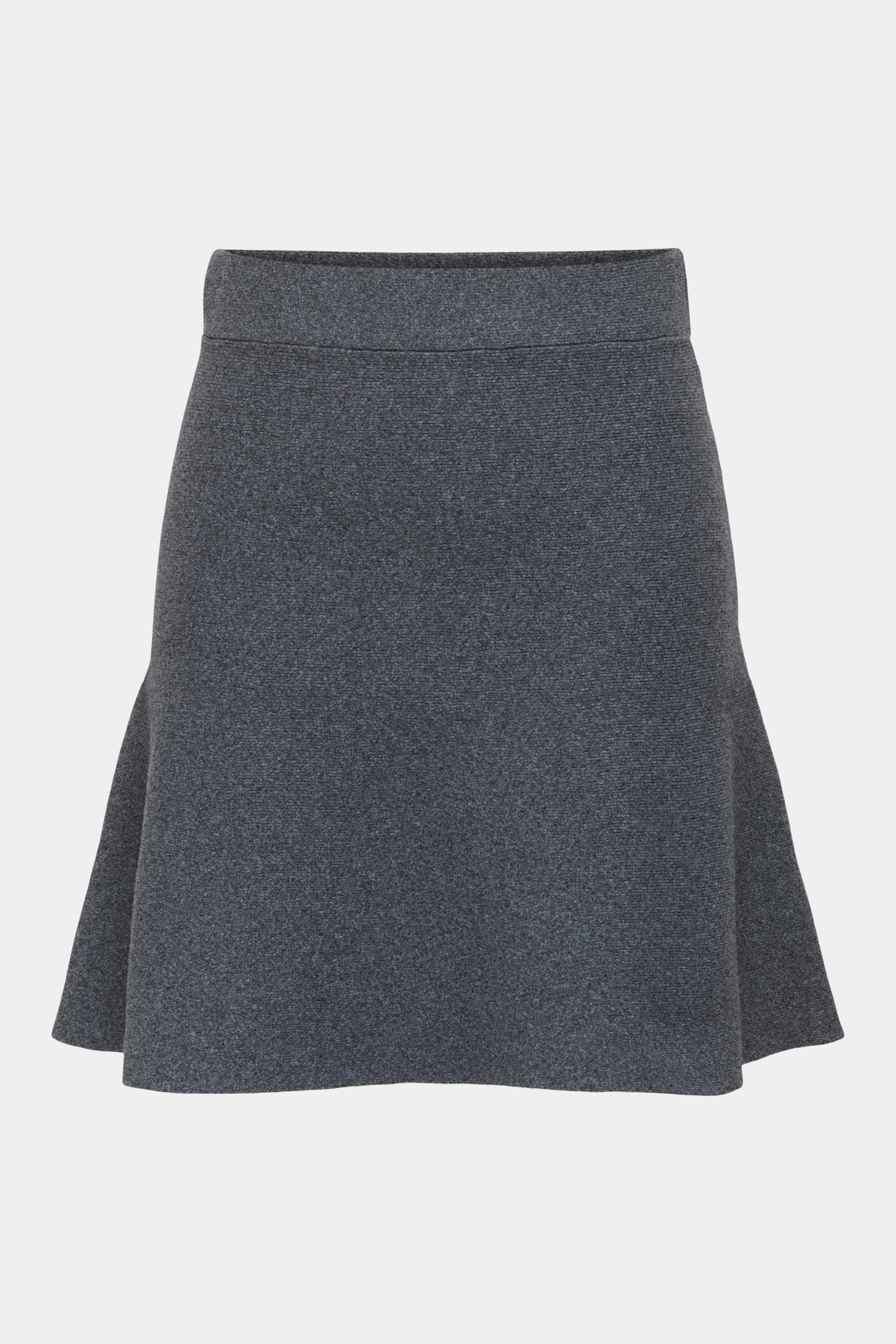 Fin, smuk, elegant, klassisk, staple, feminin, pæn, rå, cool, sej, unik, musthave, hverdag, fest, kvinde, dame, woman, nederdel, skirt, short, midi, mini, strik, knit, striknederdel, a-shape, løs, loose, flagrende, elastik, stretchy, grå, grey, mørkegrå, dark grey, soft, blød