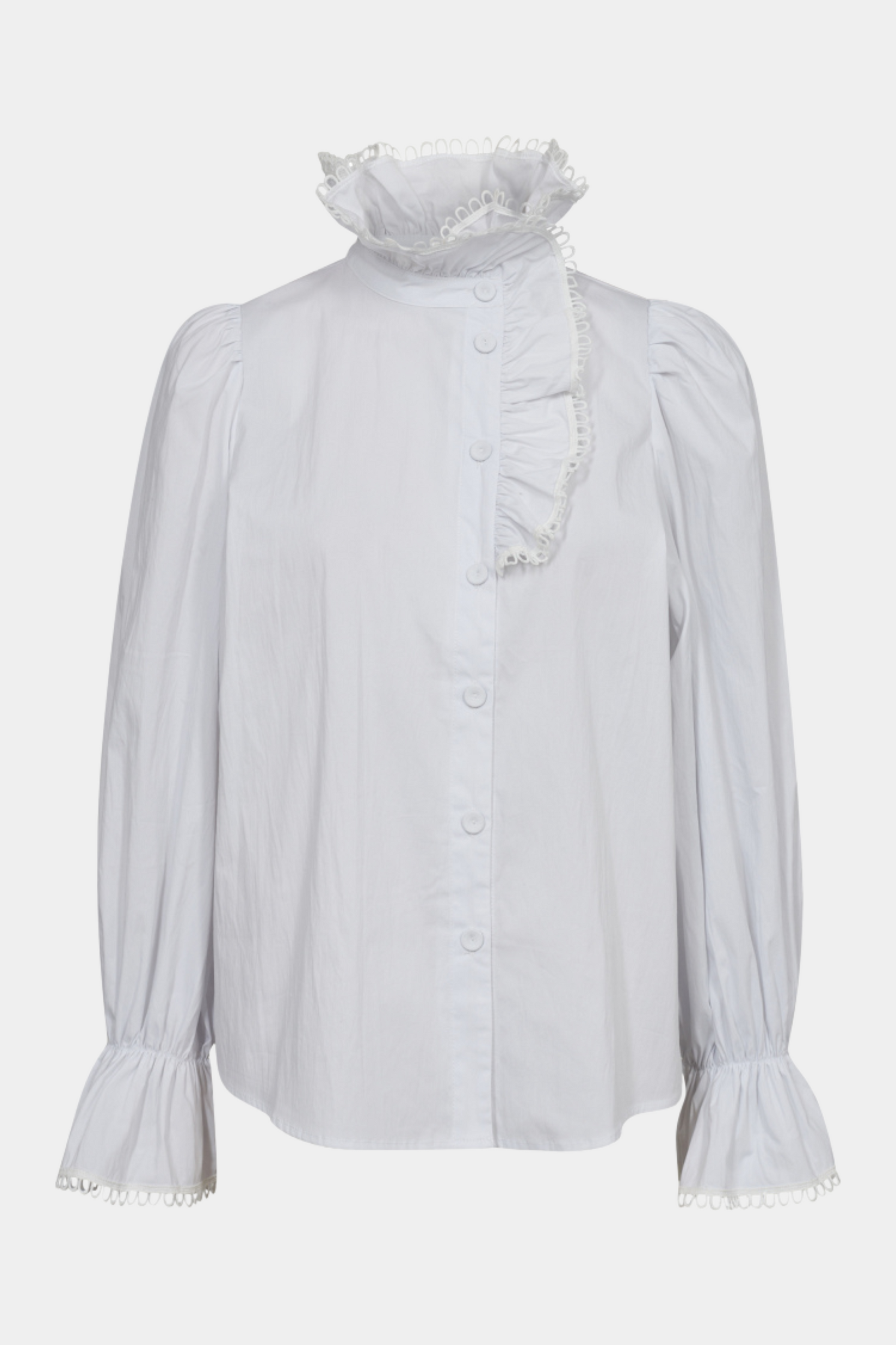 skjorte, shirt, skjortebluse, hvid, bomuld, cotton, crisp, poplin, stretch, stræk, stretchy, broderi, blonde, flæse, flæder, elastik, knapper, elegant, fin, feminin, hverdag, fest, under strik, kvinde, dame, woman