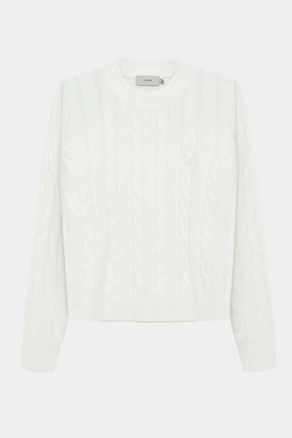 Fin, smuk, elegant, klassisk, staple, feminin, pæn, rå, cool, sej, unik, musthave, hverdag, fest, kvinde, dame, woman, strik, knit, råhvid, off white, white, hvid, kabelstrik, cable, langærmet, rund hals, long sleeve, soft, blød, loose, løs, warm, varm,, unisex, ralph lauren