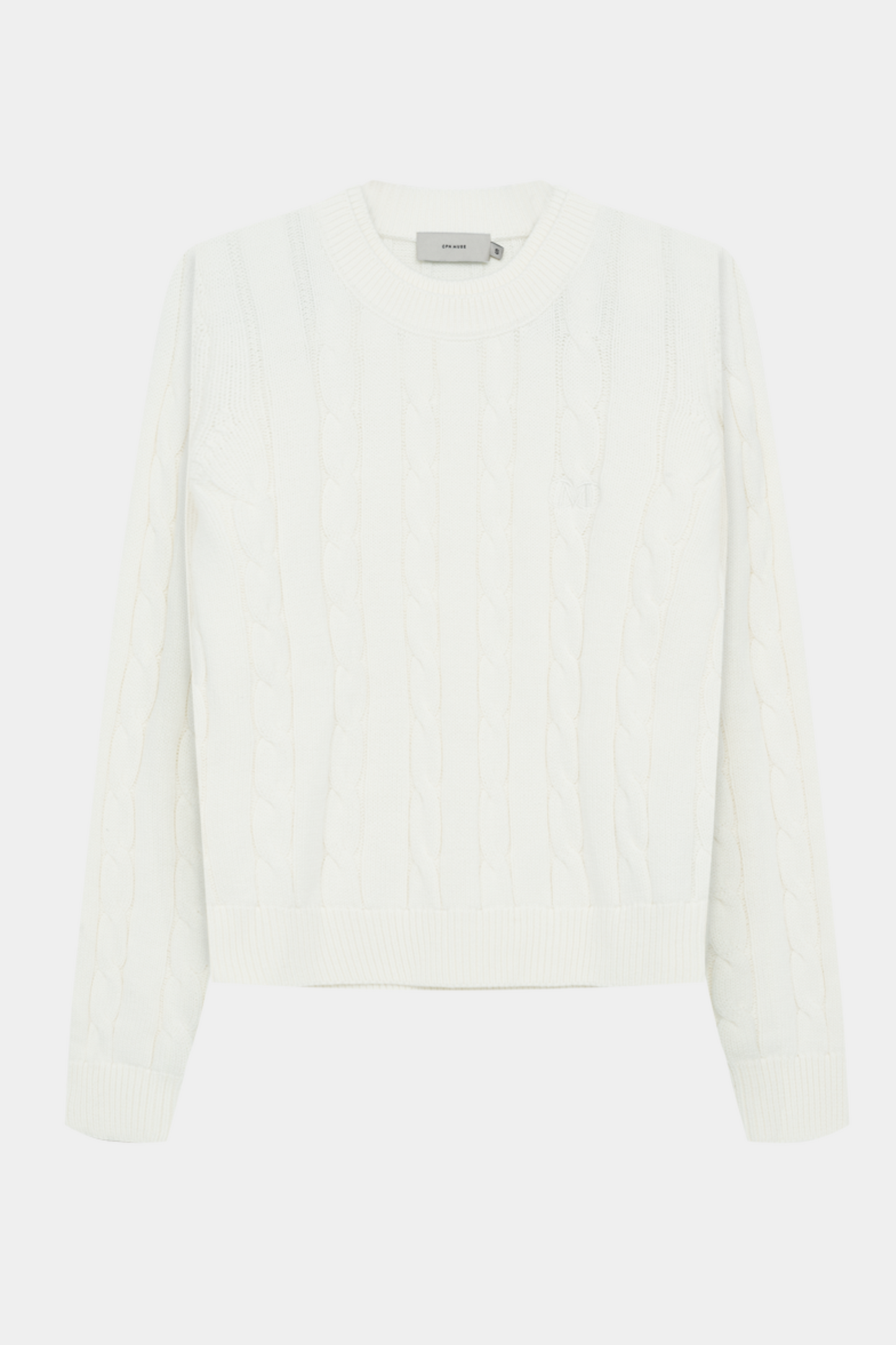 Fin, smuk, elegant, klassisk, staple, feminin, pæn, rå, cool, sej, unik, musthave, hverdag, fest, kvinde, dame, woman, strik, knit, råhvid, off white, white, hvid, kabelstrik, cable, langærmet, rund hals, long sleeve, soft, blød, loose, løs, warm, varm,, unisex, ralph lauren