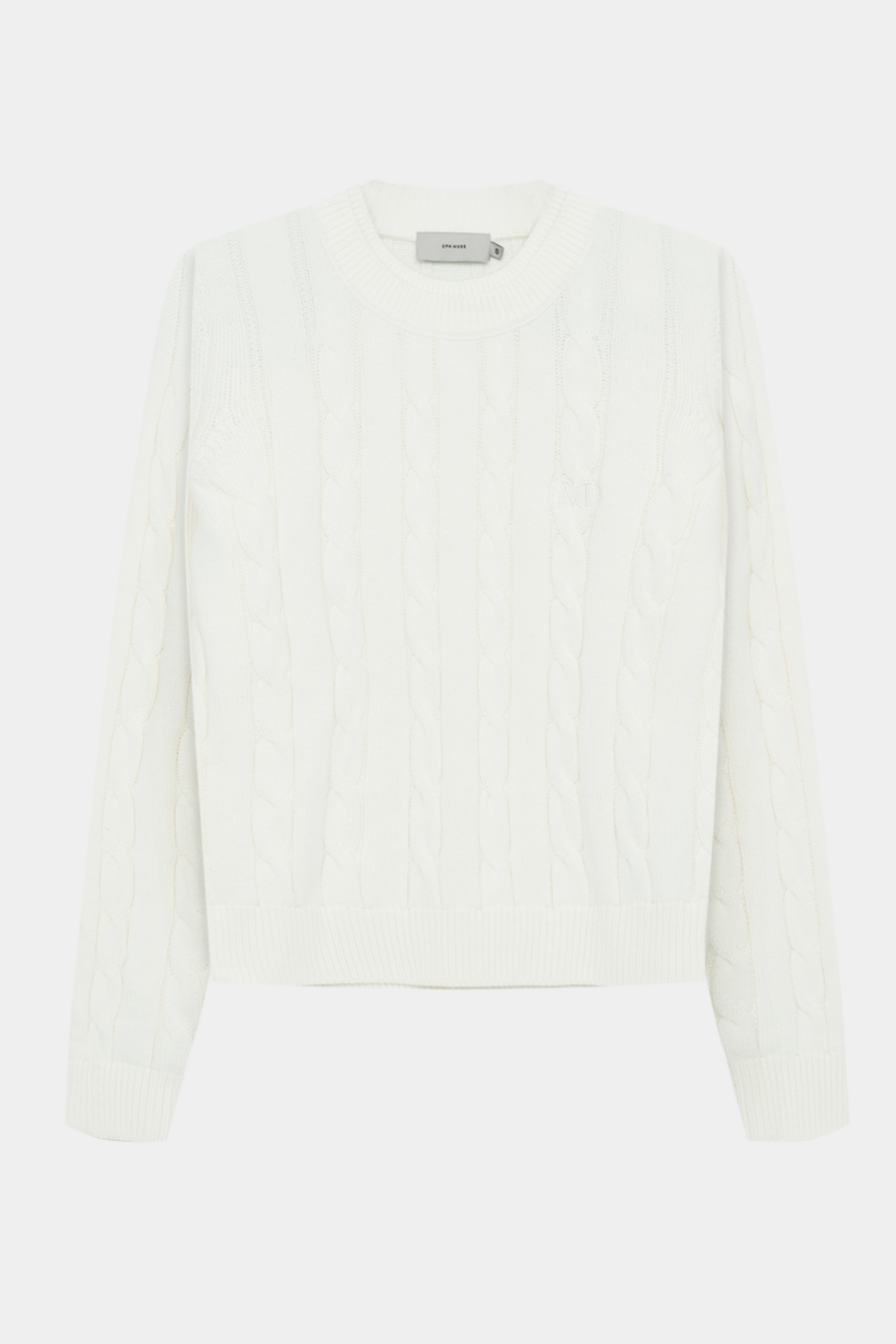 Fin, smuk, elegant, klassisk, staple, feminin, pæn, rå, cool, sej, unik, musthave, hverdag, fest, kvinde, dame, woman, strik, knit, råhvid, off white, white, hvid, kabelstrik, cable, langærmet, rund hals, long sleeve, soft, blød, loose, løs, warm, varm,, unisex, ralph lauren