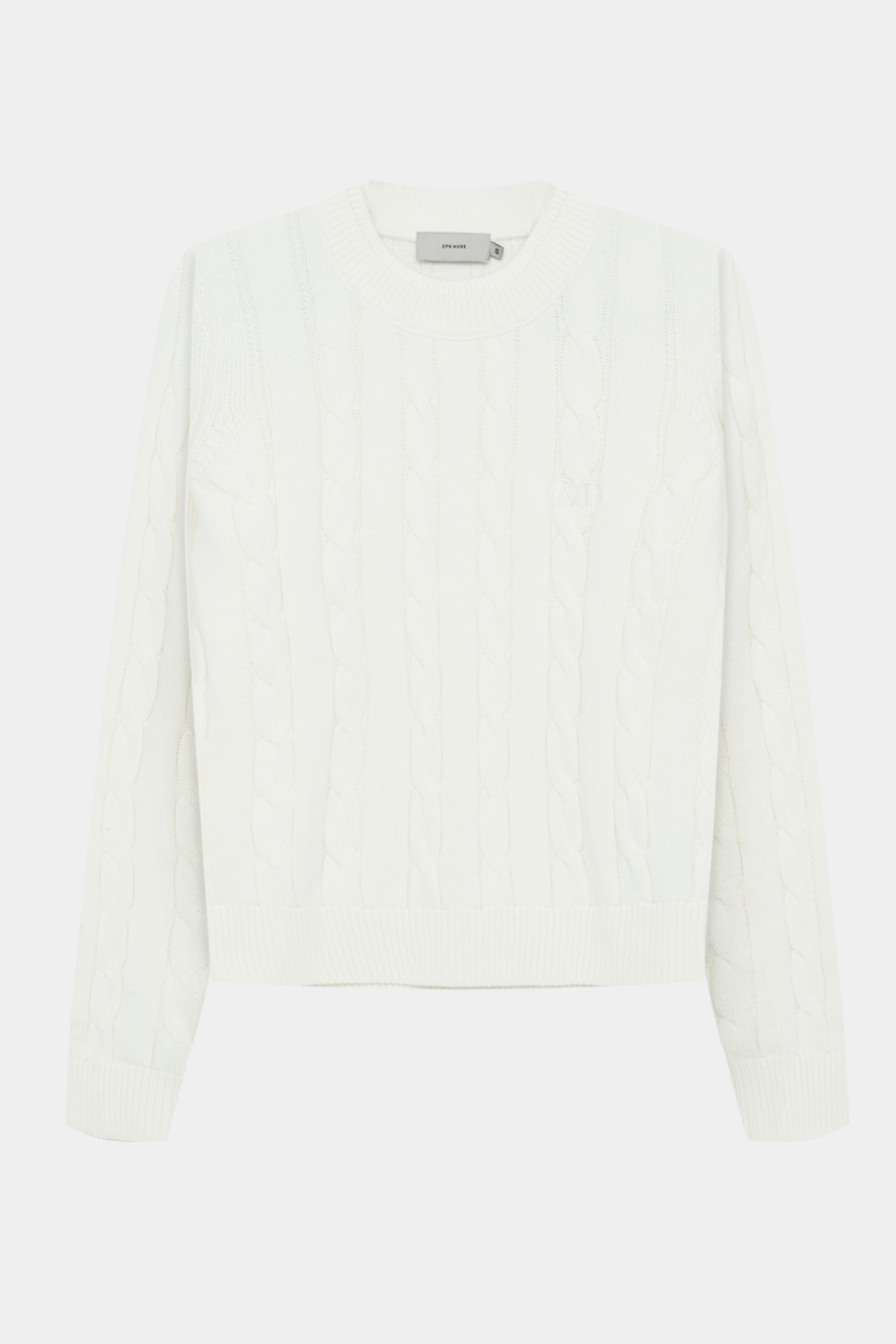 Fin, smuk, elegant, klassisk, staple, feminin, pæn, rå, cool, sej, unik, musthave, hverdag, fest, kvinde, dame, woman, strik, knit, råhvid, off white, white, hvid, kabelstrik, cable, langærmet, rund hals, long sleeve, soft, blød, loose, løs, warm, varm,, unisex, ralph lauren