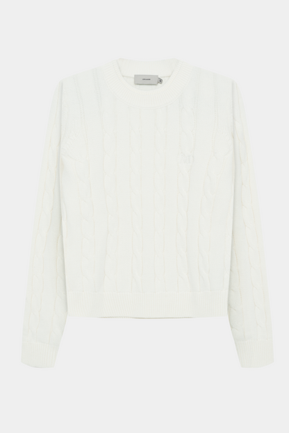 Fin, smuk, elegant, klassisk, staple, feminin, pæn, rå, cool, sej, unik, musthave, hverdag, fest, kvinde, dame, woman, strik, knit, råhvid, off white, white, hvid, kabelstrik, cable, langærmet, rund hals, long sleeve, soft, blød, loose, løs, warm, varm,, unisex, ralph lauren