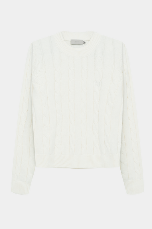 Fin, smuk, elegant, klassisk, staple, feminin, pæn, rå, cool, sej, unik, musthave, hverdag, fest, kvinde, dame, woman, strik, knit, råhvid, off white, white, hvid, kabelstrik, cable, langærmet, rund hals, long sleeve, soft, blød, loose, løs, warm, varm,, unisex, ralph lauren