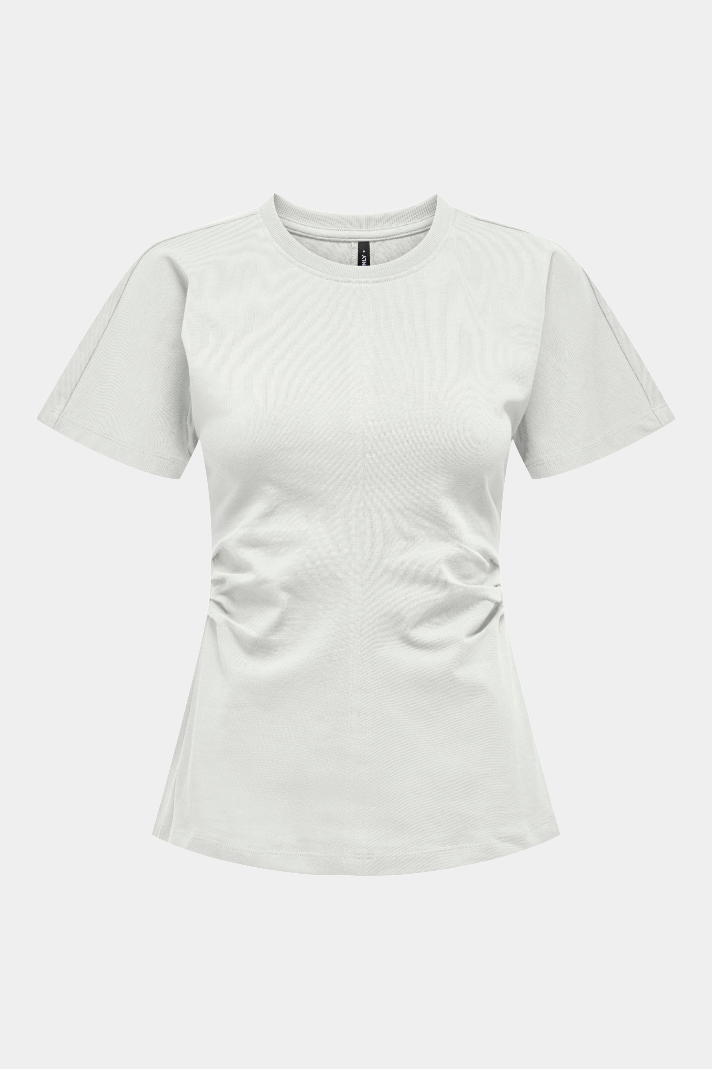 Fin, smuk, elegant, klassisk, staple, feminin, pæn, rå, cool, sej, unik, musthave, hverdag, fest, kvinde, dame, woman, t-shirt, tee, kortærmet, short sleeve, white, off white, creme, råhvid, ruching, rynk, rynke, talje, klassisk, basic, basis