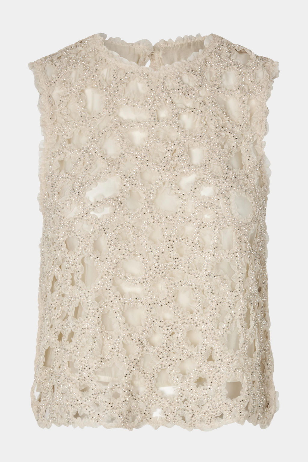 Fin, smuk, elegant, klassisk, staple, feminin, pæn, rå, cool, sej, unik, musthave, hverdag, fest, kvinde, dame, woman, top, bluse, kortærmet, ørmeløs, sleeveless, rund hals, perler, perlebesat, pearls, white, hvid, creme, råhvid, glimmer, glitter, sparkly, julefrokost