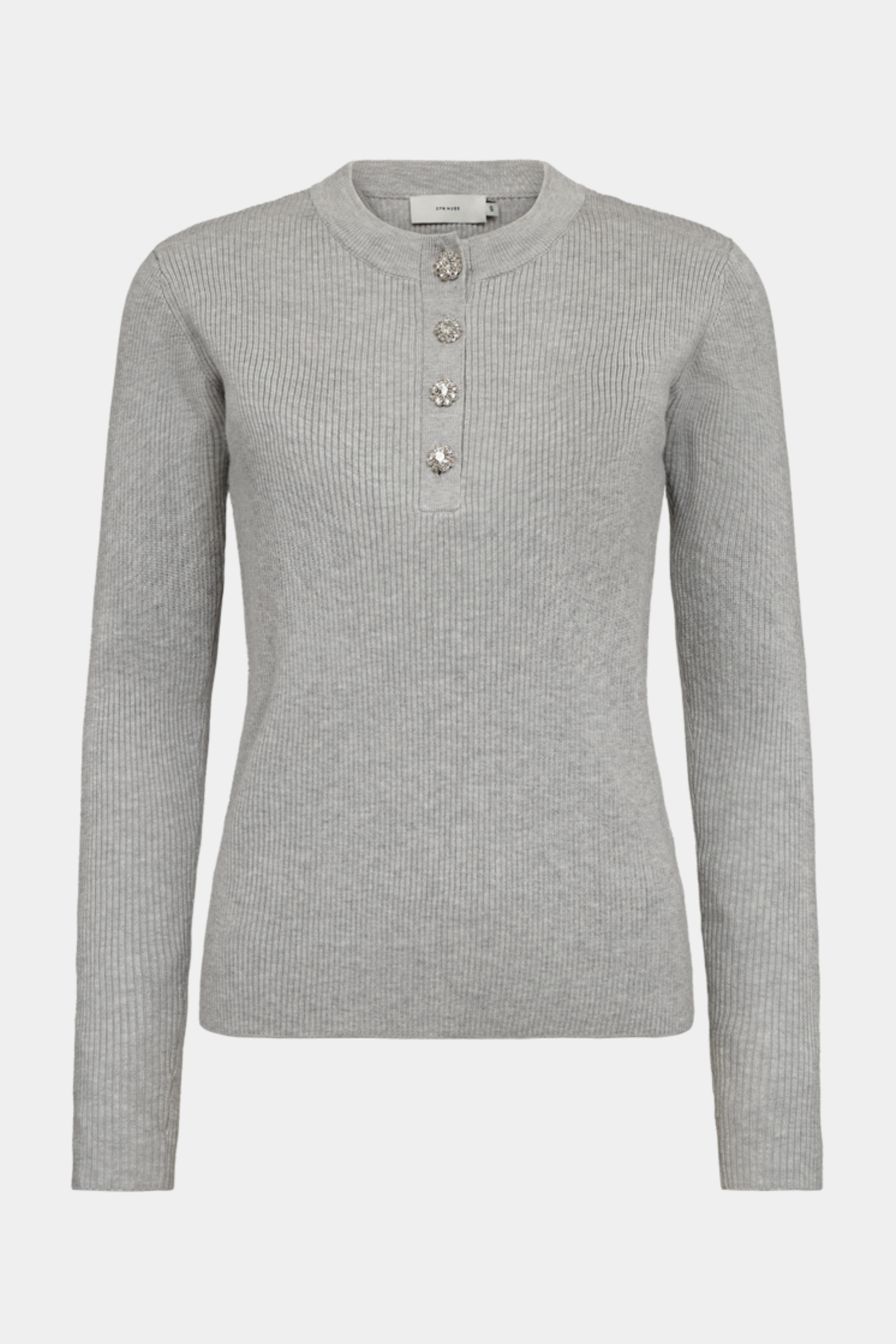 Fin, smuk, elegant, klassisk, staple, feminin, pæn, rå, cool, sej, unik, musthave, hverdag, fest, kvinde, dame, woman, strik, knit, rib, knapper, perler, sten, simili, langærmet, long sleeve, tætsiddende, tight, slim, blød, soft, grå, grey, basic