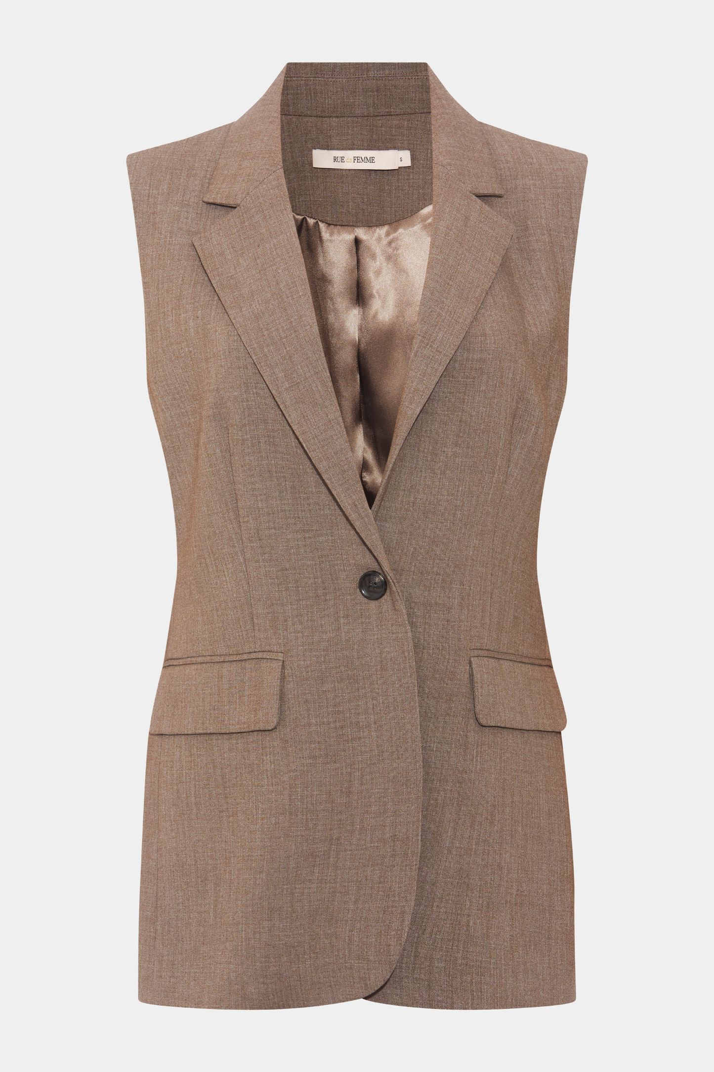 vest, jakke, frakke, habit, jakkesæt, habitvest, beige, beigemeleret, beigemelange, klassisk, elegant, fin, feminin, hverdag, fest, business, arbejde, work, job, stilet, stilren, lang, long, kvinde, dame, woman