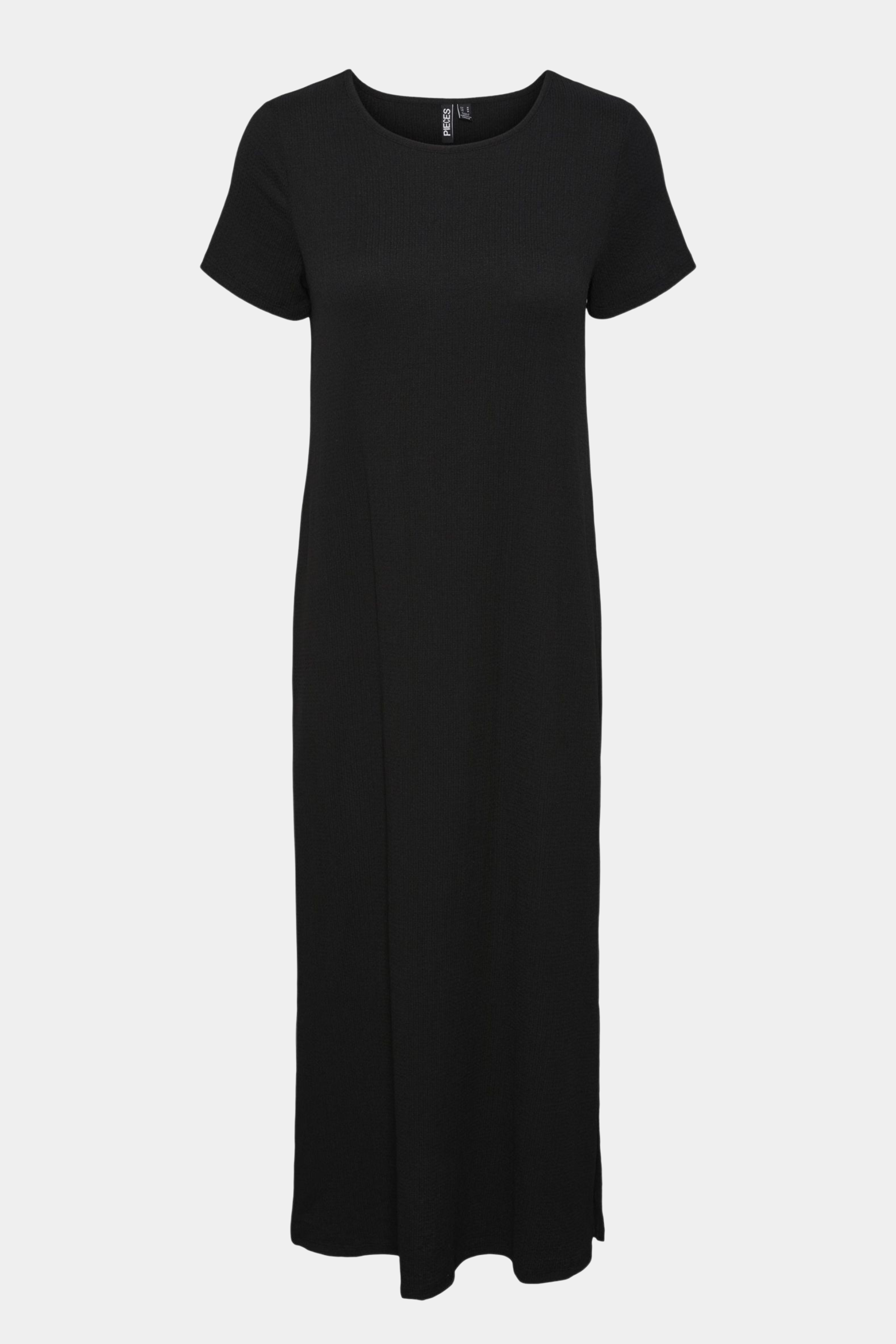 kjole, dress, midi, maxi, lang, mellemlang, struktur, sort, black, kortærmet, t-shirt, løs, loose, slids, slit, rund hals, let, elegant, fin feminin, enkel, staple, simpel, sommerkjole, kvinde, dame, woman