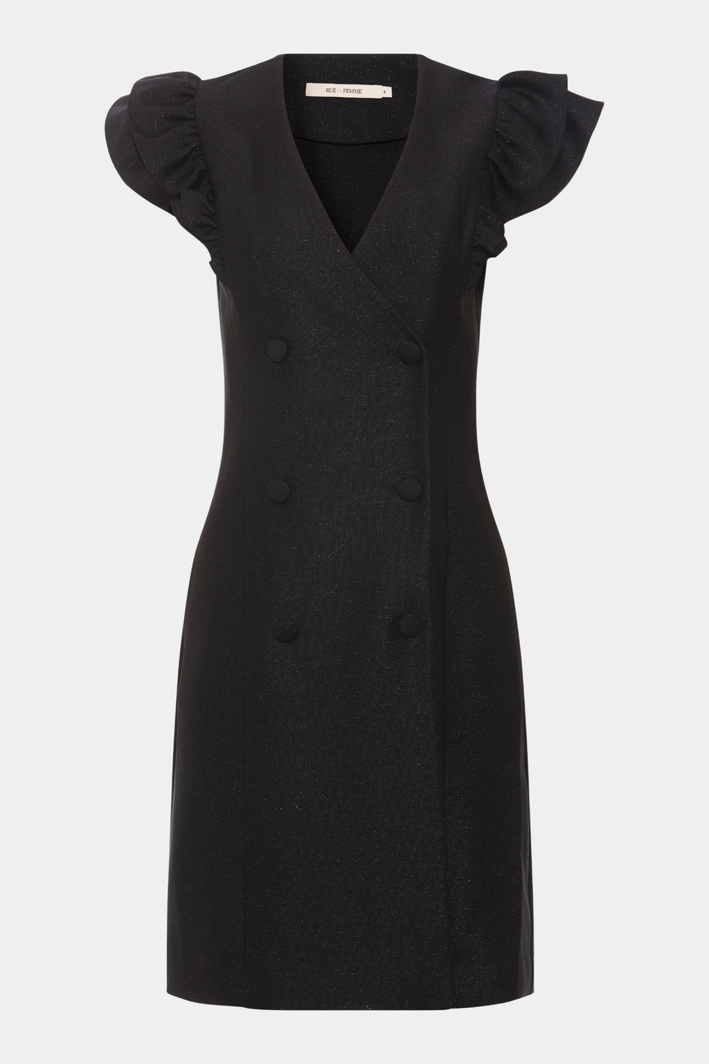 kjole, dress, midi, mini, knælang, tætsiddende, tight, stram, figursyet, faconsyet, stretch, stretchy, black, sort, glitter, glimmer, flæser, flæse, kortærmet, ærmeløs, v-hals, fest, festkjole, elegant, fin, feminin, hverdag, kvinde, dame, woman