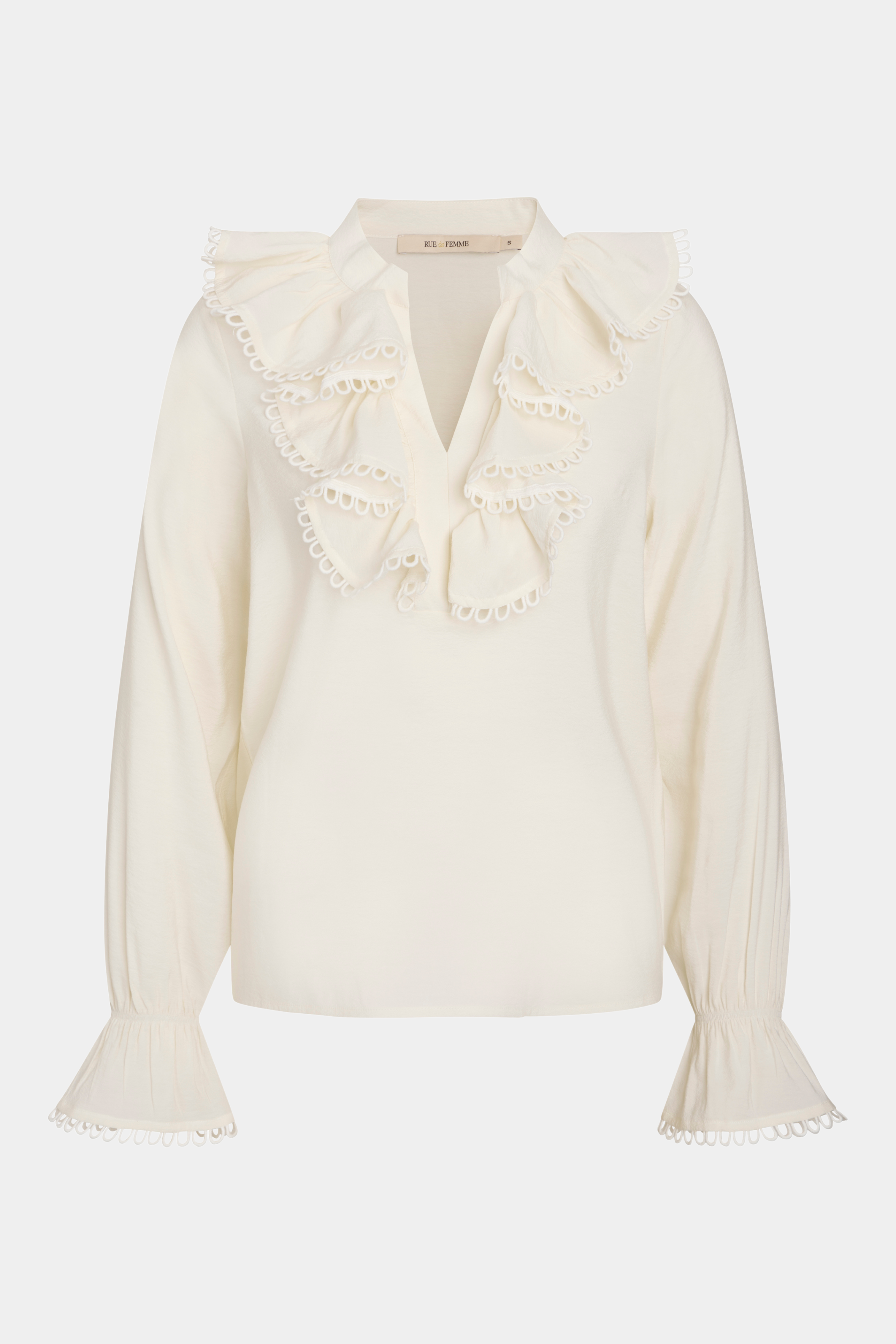 bluse, blouse, skjorte, skjortebluse, shirt, hvid, råhvid, flæser, rungekant, blonde, elastik, løs, loose, v-hals, elegant, fin, feminin, hverdag, fest, kvinde, dame, woman