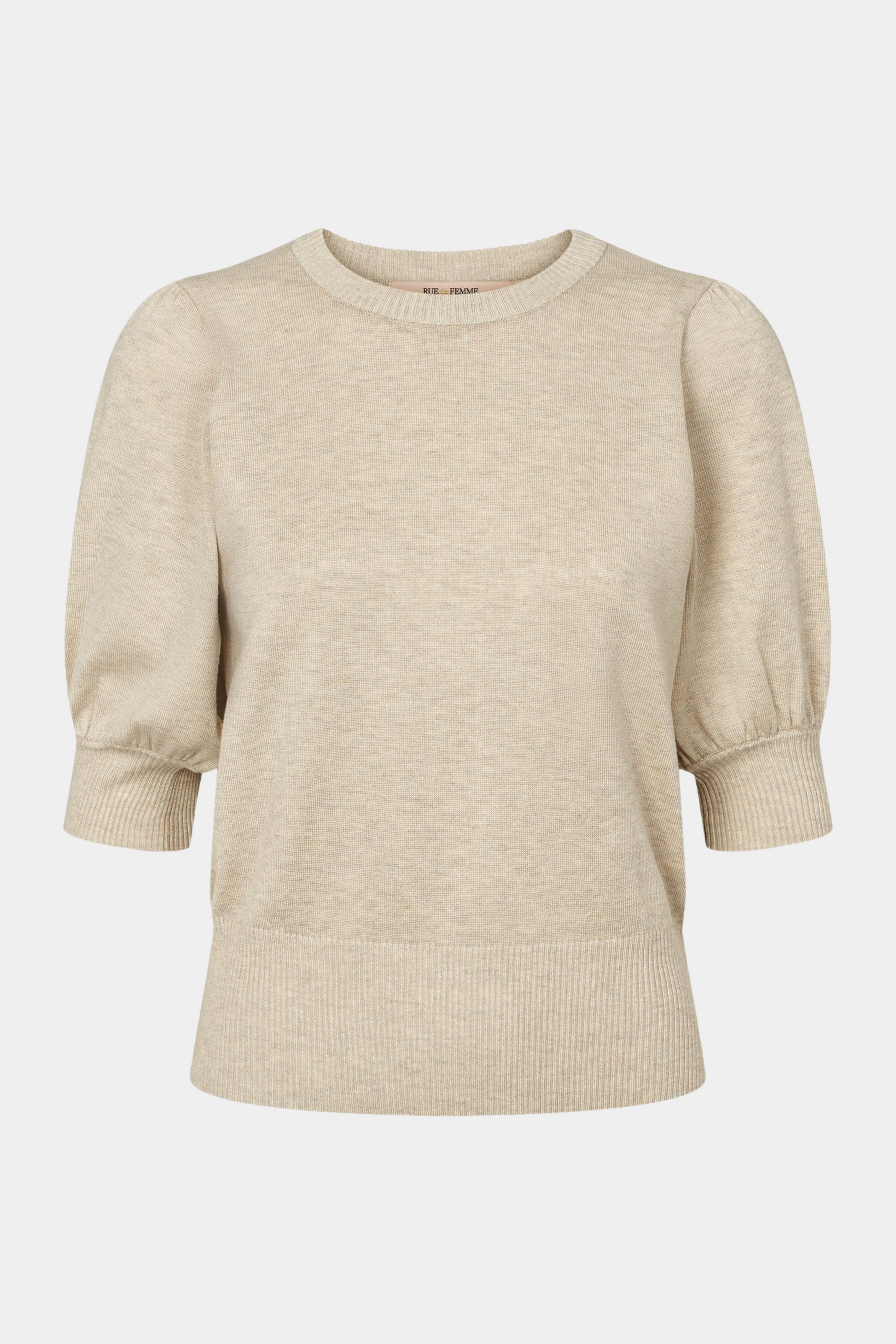 Fin, smuk, elegant, klassisk, staple, feminin, pæn, rå, cool, sej, unik, musthave, hverdag, fest, kvinde, dame, woman, strik, knit, trøje, bluse, pullover, beige, meleret, melange, kortærmet, pufærmer, blød, soft, basic, staple, rund hals, rib