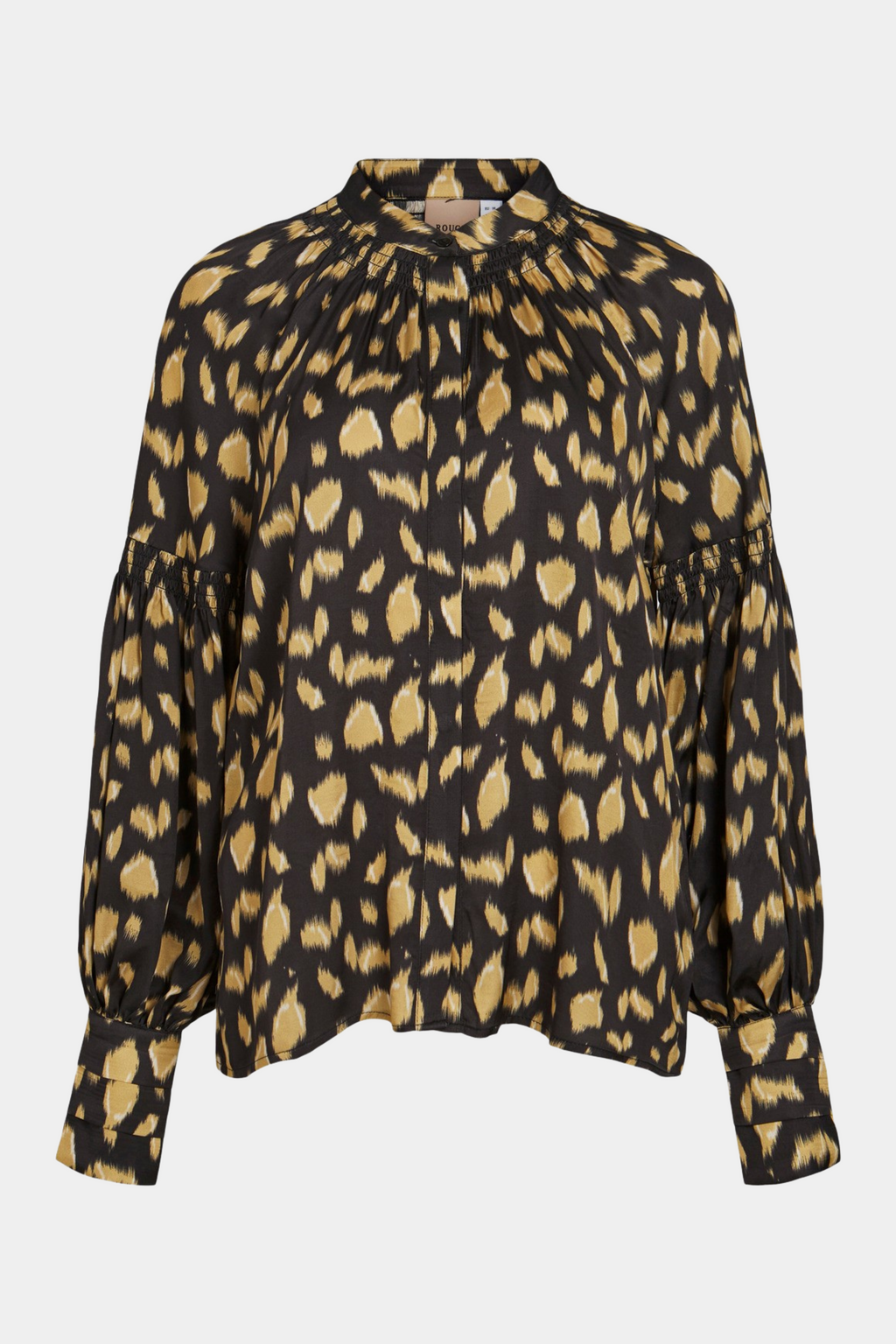 skjorte, shirt, blouse, skjortebluse, langærmet, sort, grøn, army, black, print, satin, shiny, blød, soft, tung, smock, ballon, krave, stolpelukning, knapper, løs, loose, elegant, fin, feminin, hverdag, Leo, leopard, dyreprint, animal, fest, kvinde, dame, woman
