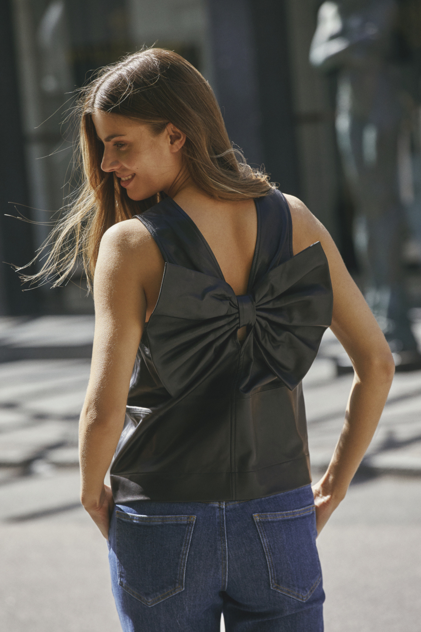 PhoebeCC leather bow v-top