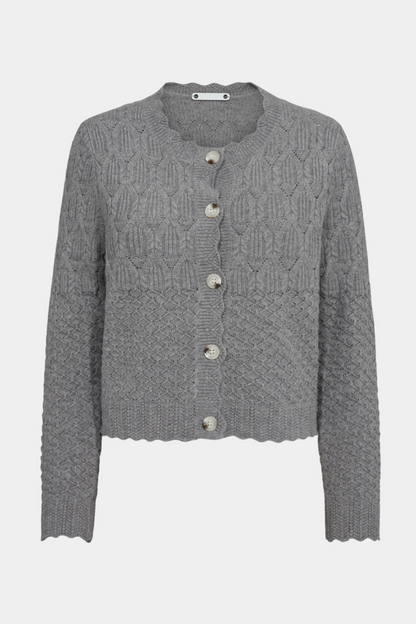 strik, knit, cardigan, hulmønster, grå, grey, knapper, Fin, smuk, elegant, klassisk, staple, feminin, pæn, rå, cool, sej, unik, musthave, hverdag, fest, kvinde, dame, woman
