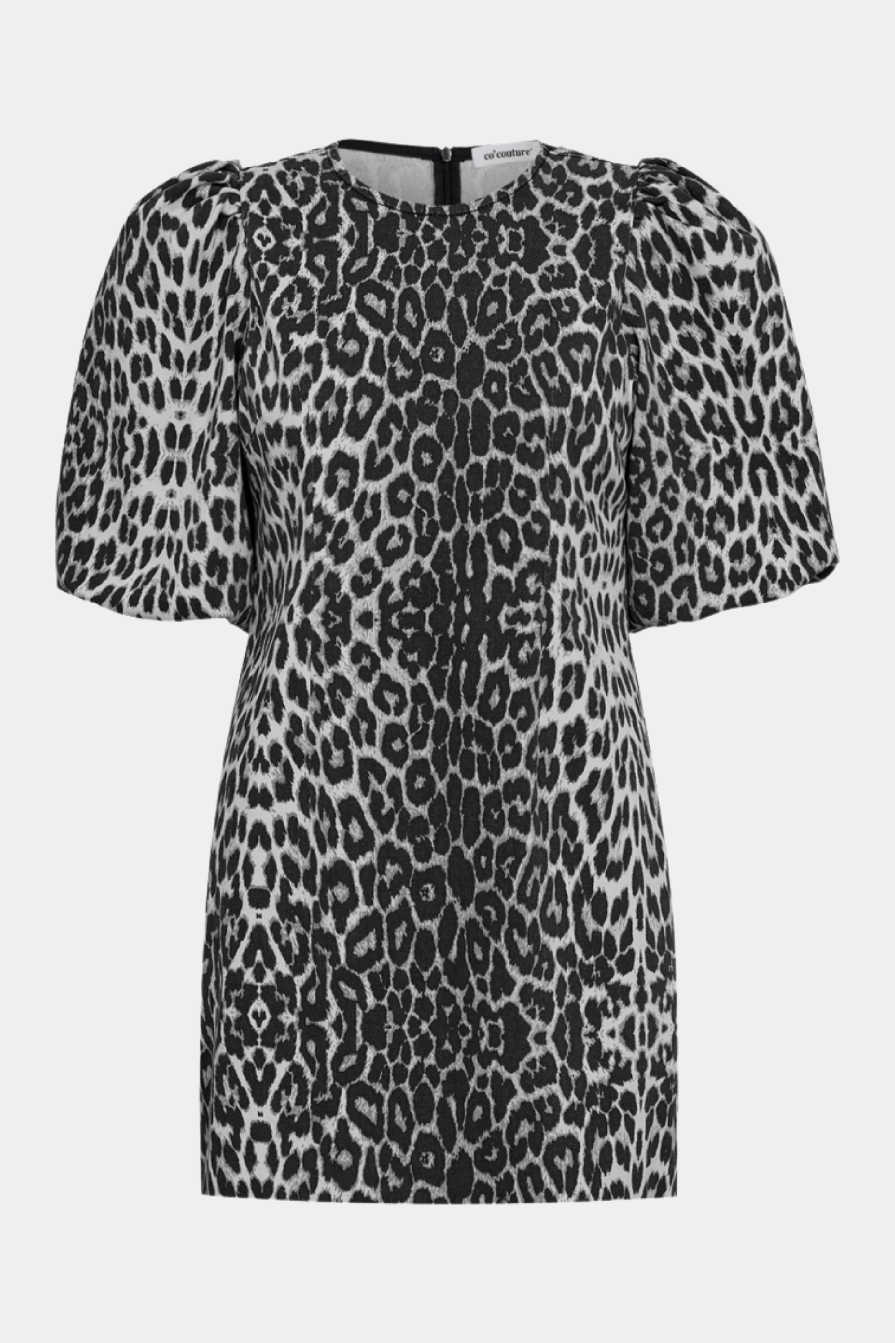 kjole, dress, midi, mini, kort, short, denim, leo, leopard, animal, dyreprint, grey, grå, purærmer, tætsiddende, elegant, fin, feminin, fest, festkjole, kvinde, dame, woman