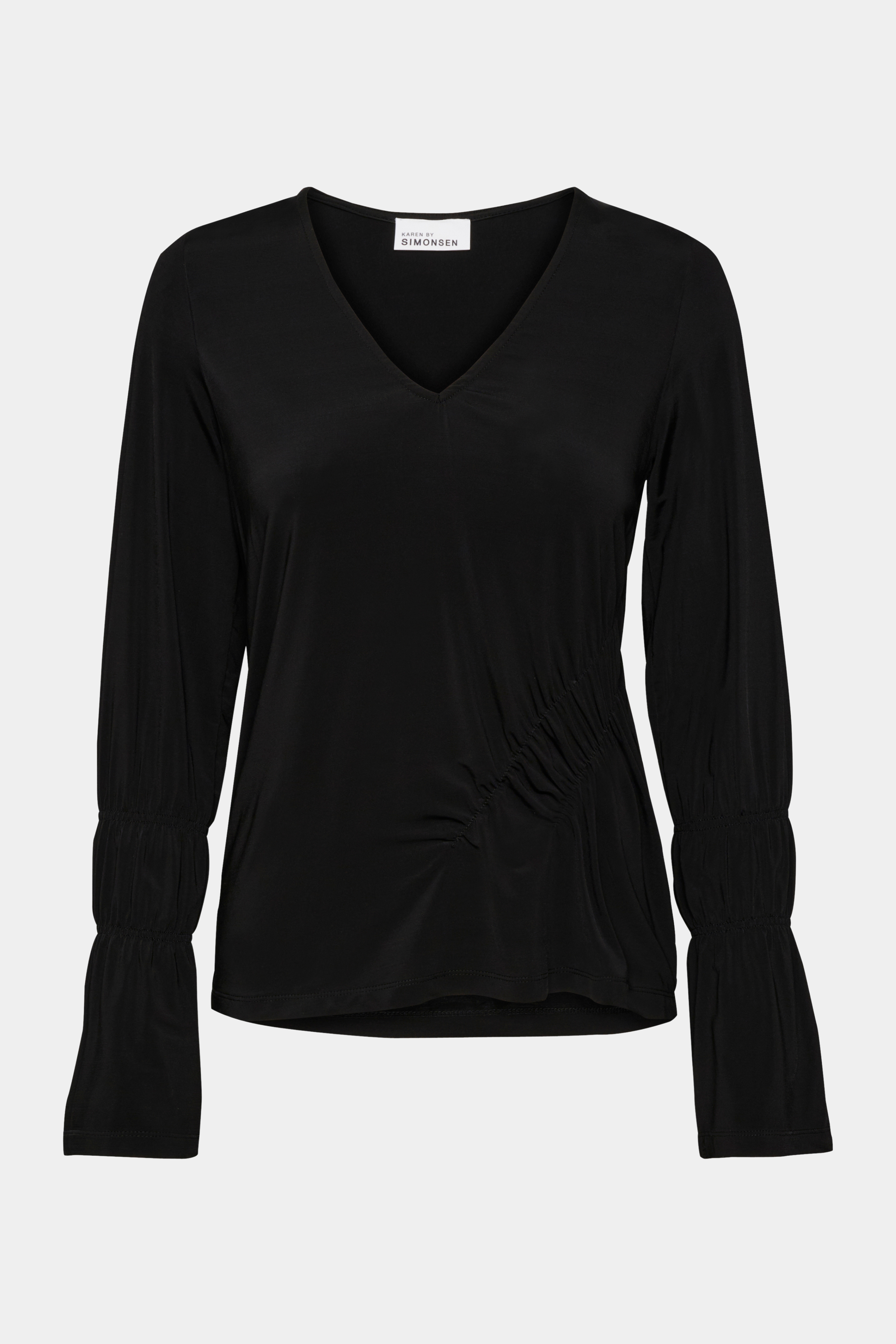bluse, trøje, langærmet, blouse, shirt, sort, black, simpel, stale, klassisk, elegant, fin, feminin, enkel, basic, basis, langærmet, løs, loose, hverdag, fin, fest, smock, rynk, kvinde, dame, woman
