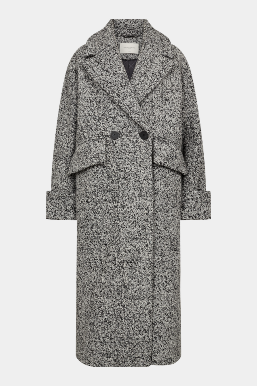 jakke, frakke, oversized, løs, loose, stor, teddy, varm, warm, opsmøg, salt, peber, pepper, sort, black, hvid, white, off white, råhvid, cool, rå, hverdag, vinter, winter, efterår, forår, kvinde, dame, woman, meleret, melange
