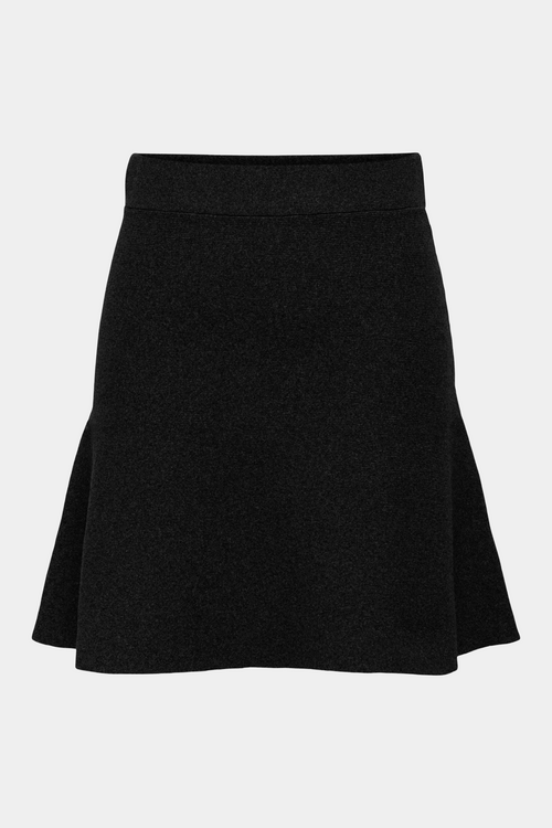 Fin, smuk, elegant, klassisk, staple, feminin, pæn, rå, cool, sej, unik, musthave, hverdag, fest, kvinde, dame, woman, nederdel, skirt, short, midi, mini, strik, knit, striknederdel, a-shape, løs, loose, flagrende, elastik, stretchy, sort, black, soft, blød