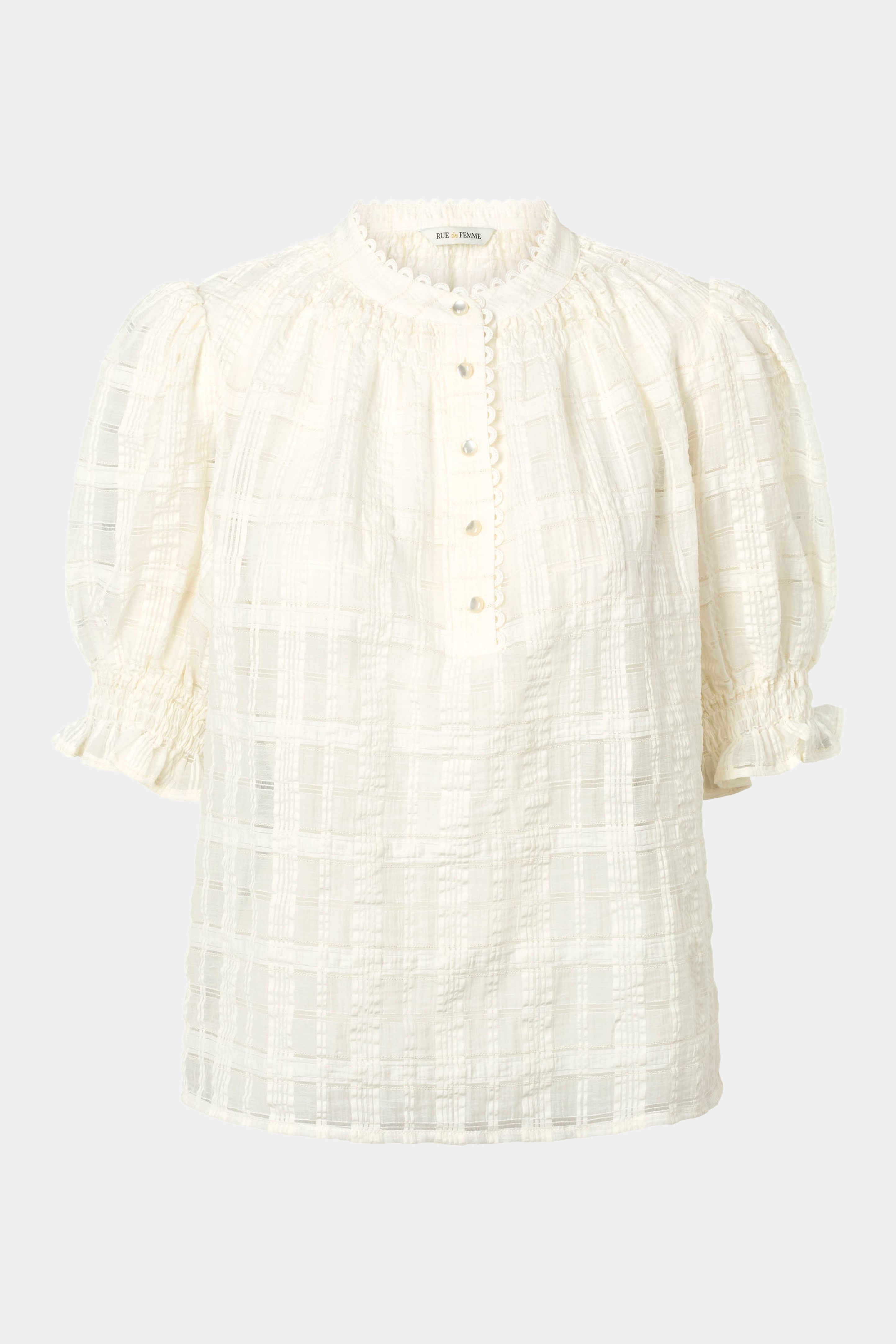 Fin, smuk, elegant, klassisk, staple, feminin, pæn, rå, cool, sej, unik, musthave, hverdag, fest, kvinde, dame, woman, skjorte, shirt, blouse, kortærmet, trekvart, puf, smock, rund hals, knapper, tern, check, transparent, translucent, gennemsigtig, løs, loose, sommer, summer, sommerbluse