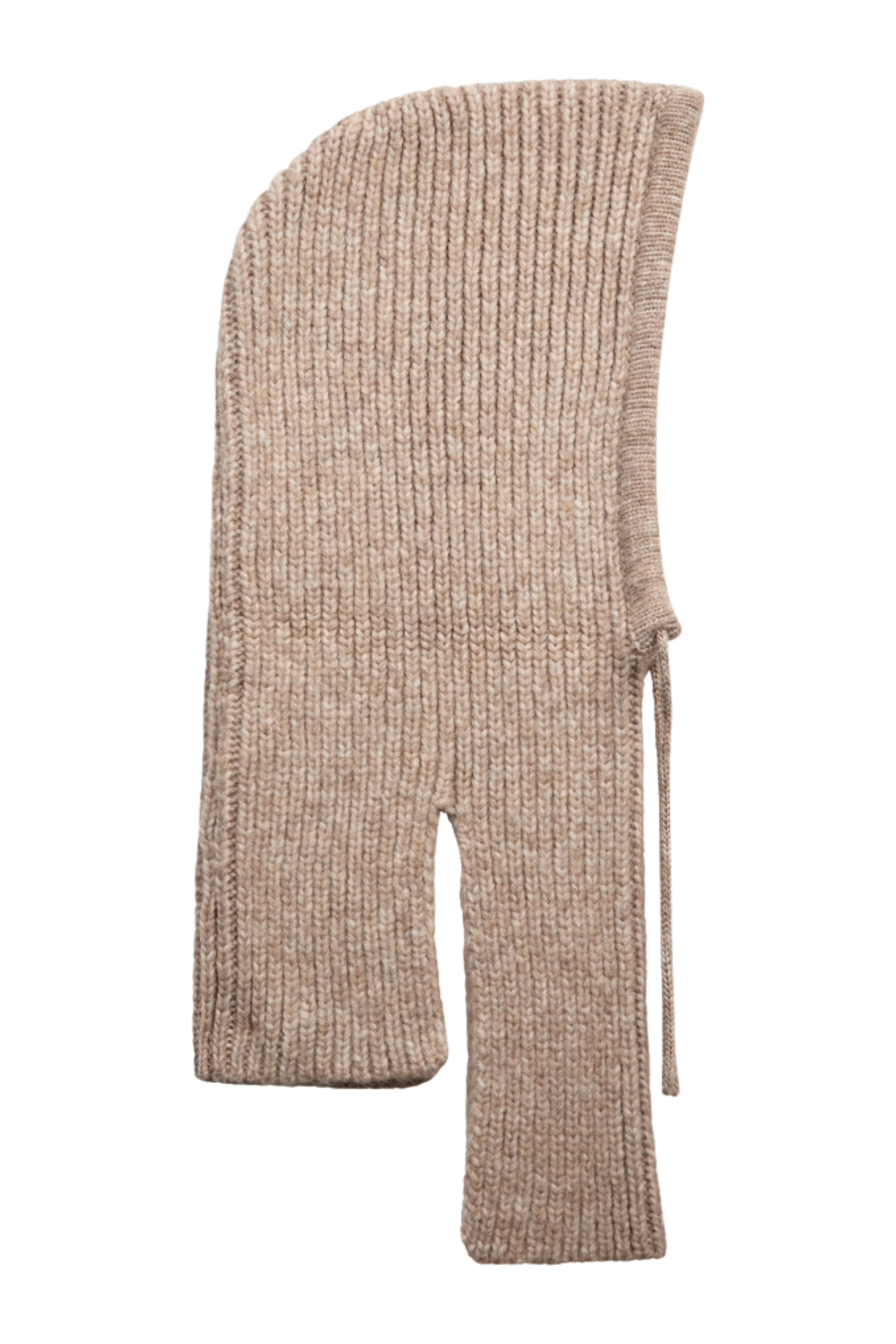 Fin, smuk, elegant, klassisk, staple, feminin, pæn, rå, cool, sej, unik, musthave, hverdag, fest, kvinde, dame, woman, balaclava, hue, hat, beanie, knit, strik, strikhue, indsnøring, snøre, beige, meleret, melange, varm, warm, chunky