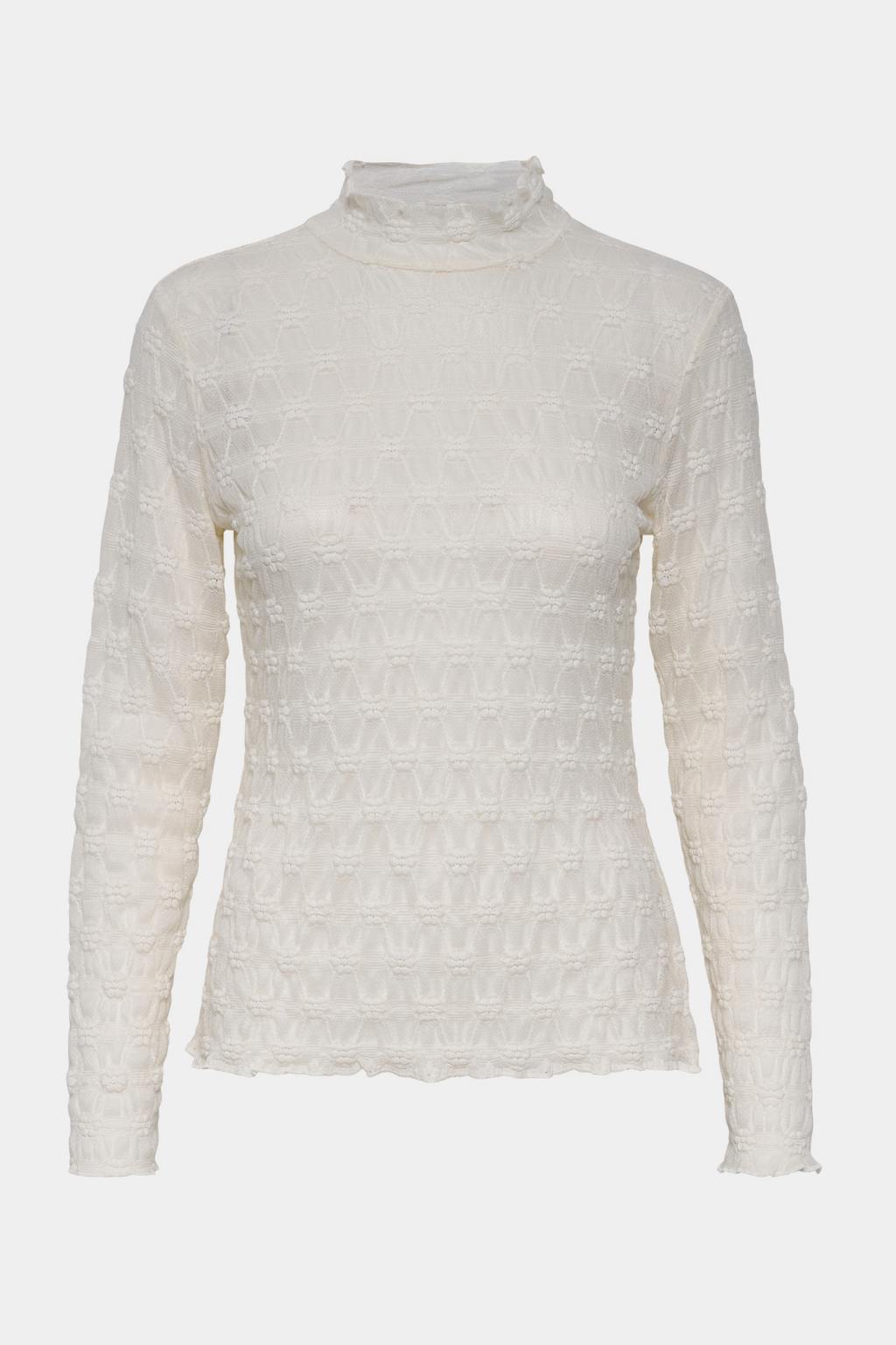 bluse, top, langærmet, mest, blomster, flower, turtle neck, flæse, flæser, transparent, gennemsigtig, see through, elegant, fin, feminin, underbluse, underkop, langærmet, elegant, fin, feminin, hverdag, fest, hvid, råhvid, white, kvinde, dame, woman