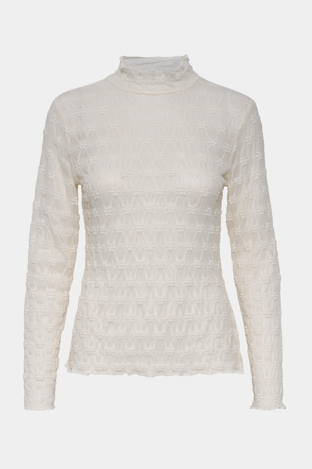 bluse, top, langærmet, mest, blomster, flower, turtle neck, flæse, flæser, transparent, gennemsigtig, see through, elegant, fin, feminin, underbluse, underkop, langærmet, elegant, fin, feminin, hverdag, fest, hvid, råhvid, white, kvinde, dame, woman