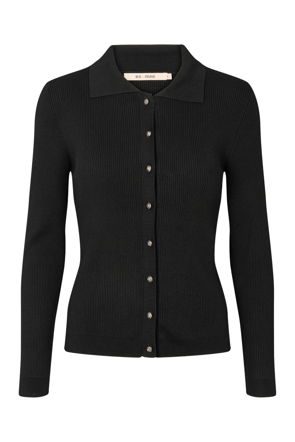 Fin, smuk, elegant, klassisk, staple, feminin, pæn, rå, cool, sej, unik, musthave, hverdag, fest, kvinde, dame, woman, cardigan, pullover, polo, knit, strik, striktrøje, tætsiddende, tight, slim, sort, black, knapper, guld, glimmer, glitter, sten, rhinsten, klassisk, classic