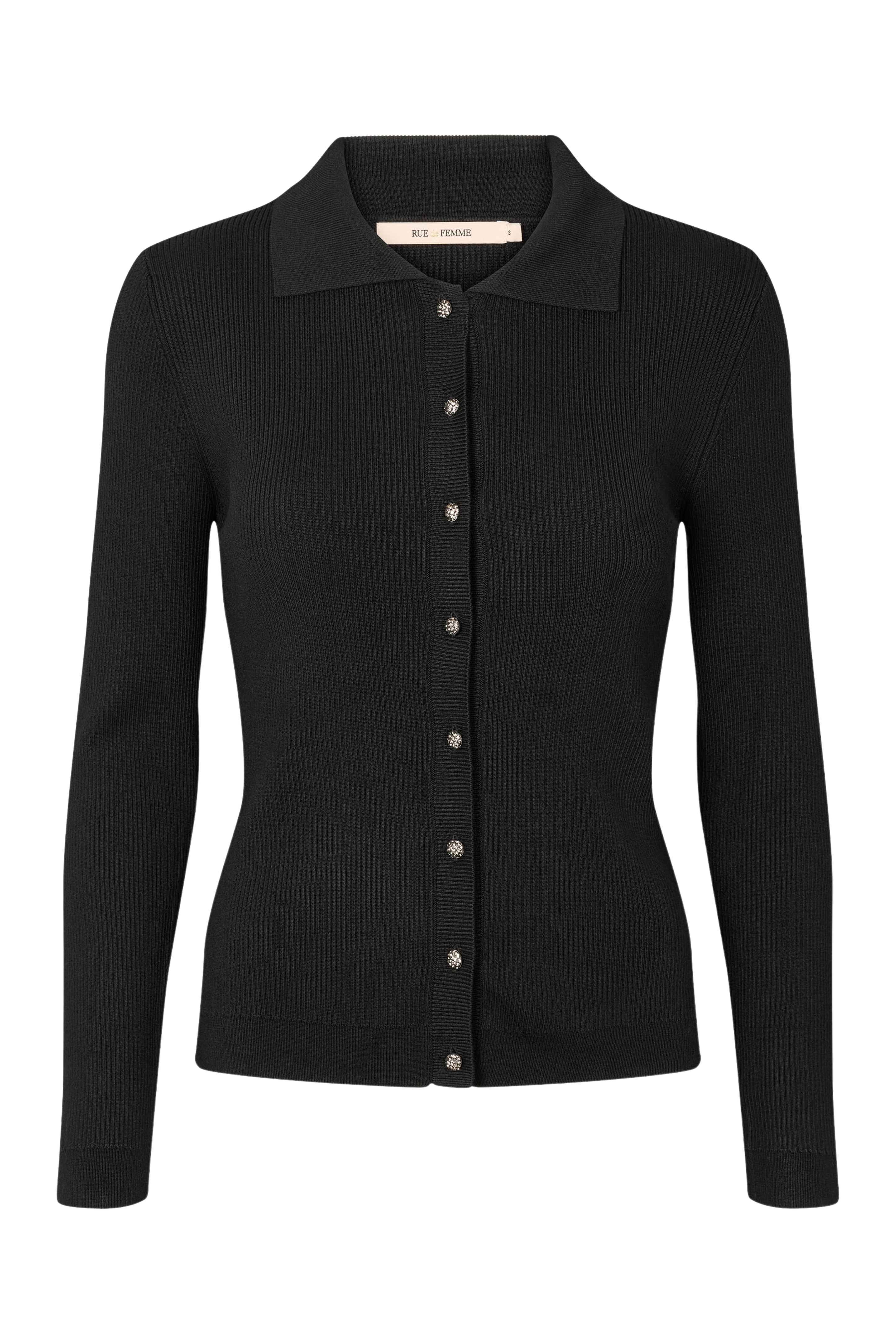 Fin, smuk, elegant, klassisk, staple, feminin, pæn, rå, cool, sej, unik, musthave, hverdag, fest, kvinde, dame, woman, cardigan, pullover, polo, knit, strik, striktrøje, tætsiddende, tight, slim, sort, black, knapper, guld, glimmer, glitter, sten, rhinsten, klassisk, classic