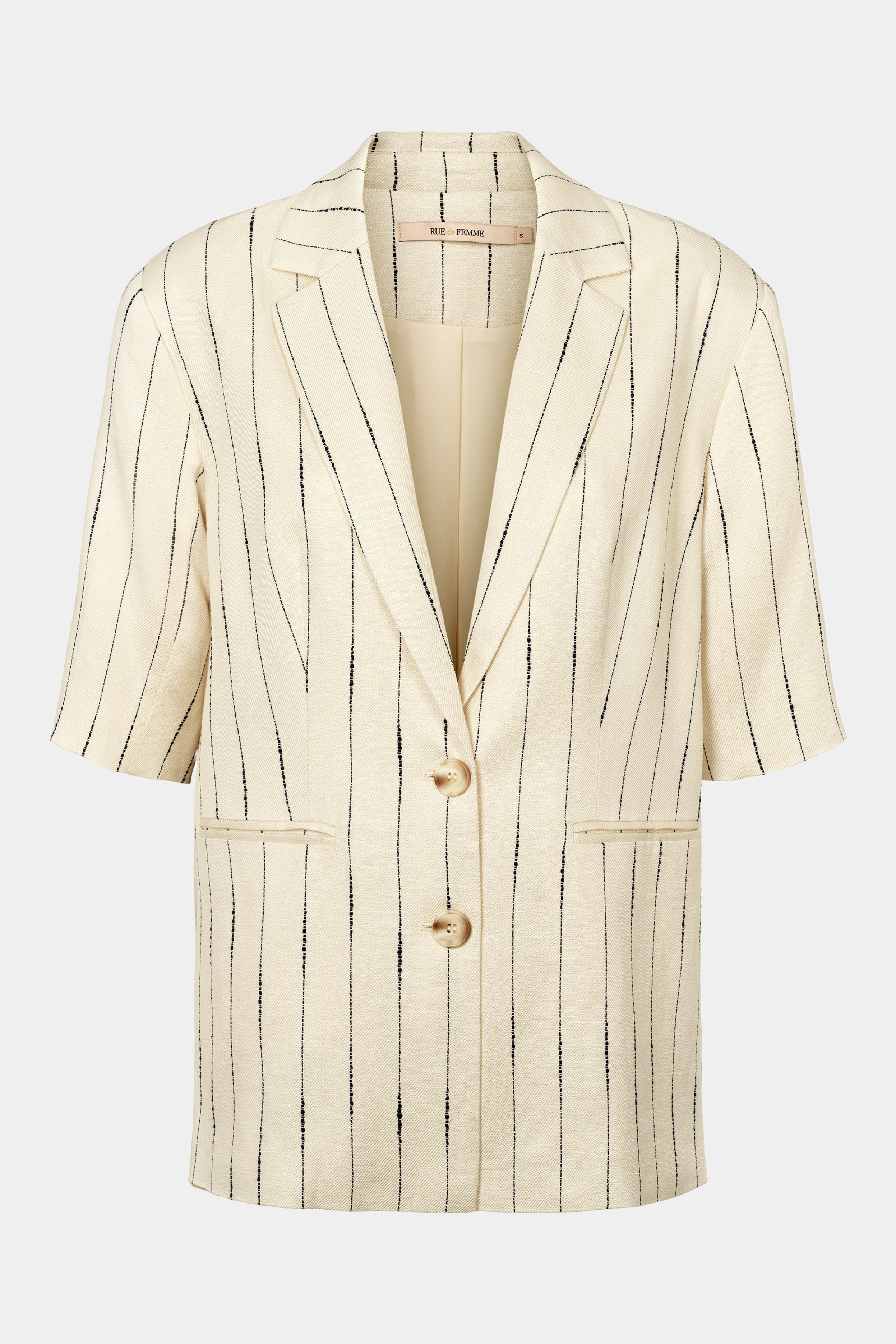 blazer, blazerjakke, suiting, suits, kortærmet, løs, loose, oversize, casual, hør, linen, striber, stripe, råhvid, creme, off white, black, sort, knapper, elegant, fin, feminin, let, hverdag, fest, cool, rå, kvinde, dame, woman