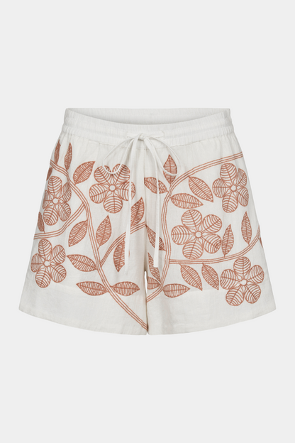 short, short, blød, soft, bmuld, cotton, broderi, broderet, embroidery, hvid, white, clay, rosa, rose, blomster, flower, sommer, elastik, elegant, fin, feminin, boheme, hverdag, fest, kvinde, dame, woman