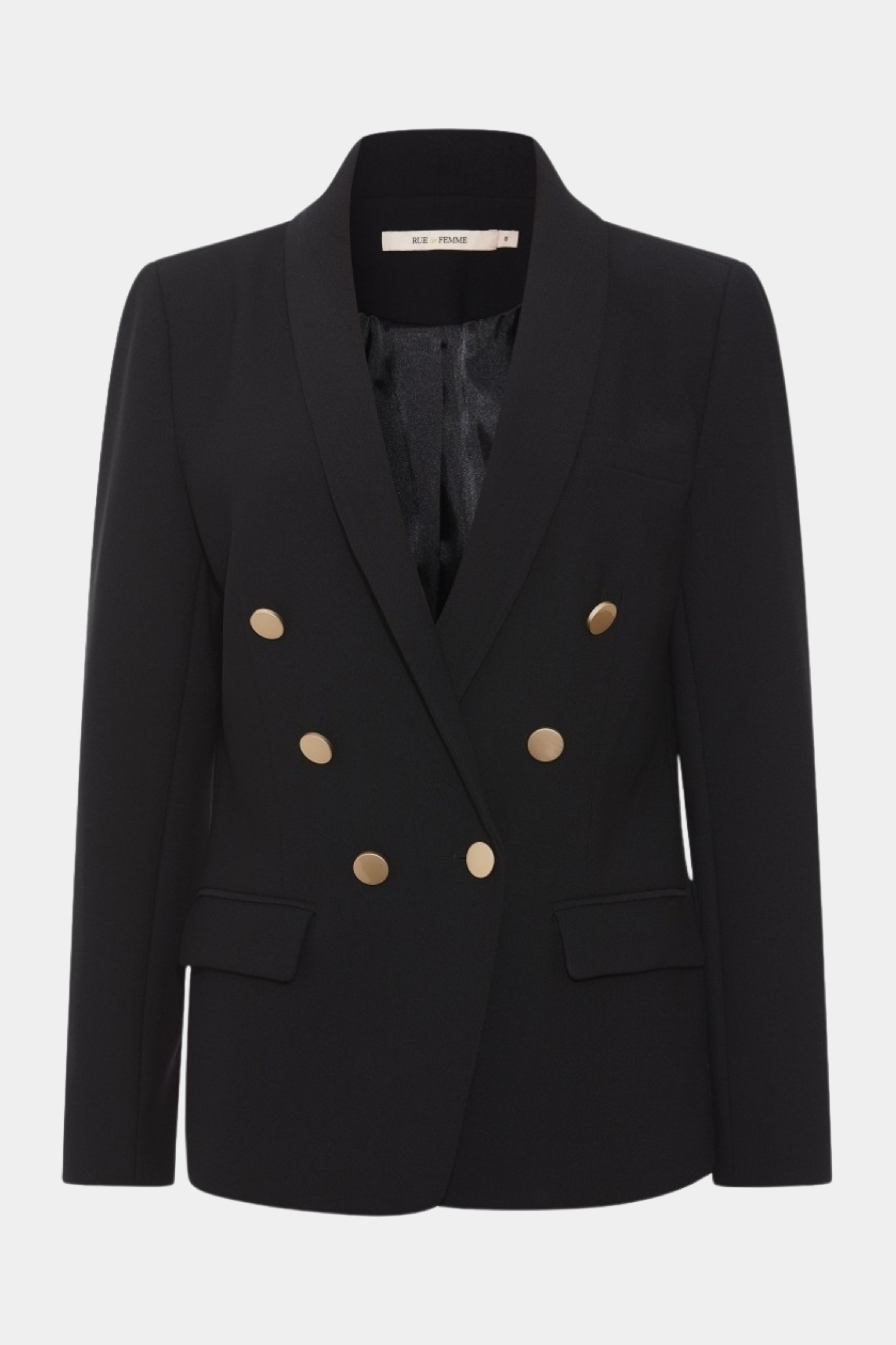 blazer, blazerjakke, habit, habitjakke, sort, black, stetchy, stretch, elastik, guld, gold, knapper, dobbeltradet, elegant, fin, feminin, klassisk, classic, job, arbejde, business, work, fest, kvinde, dame, woman