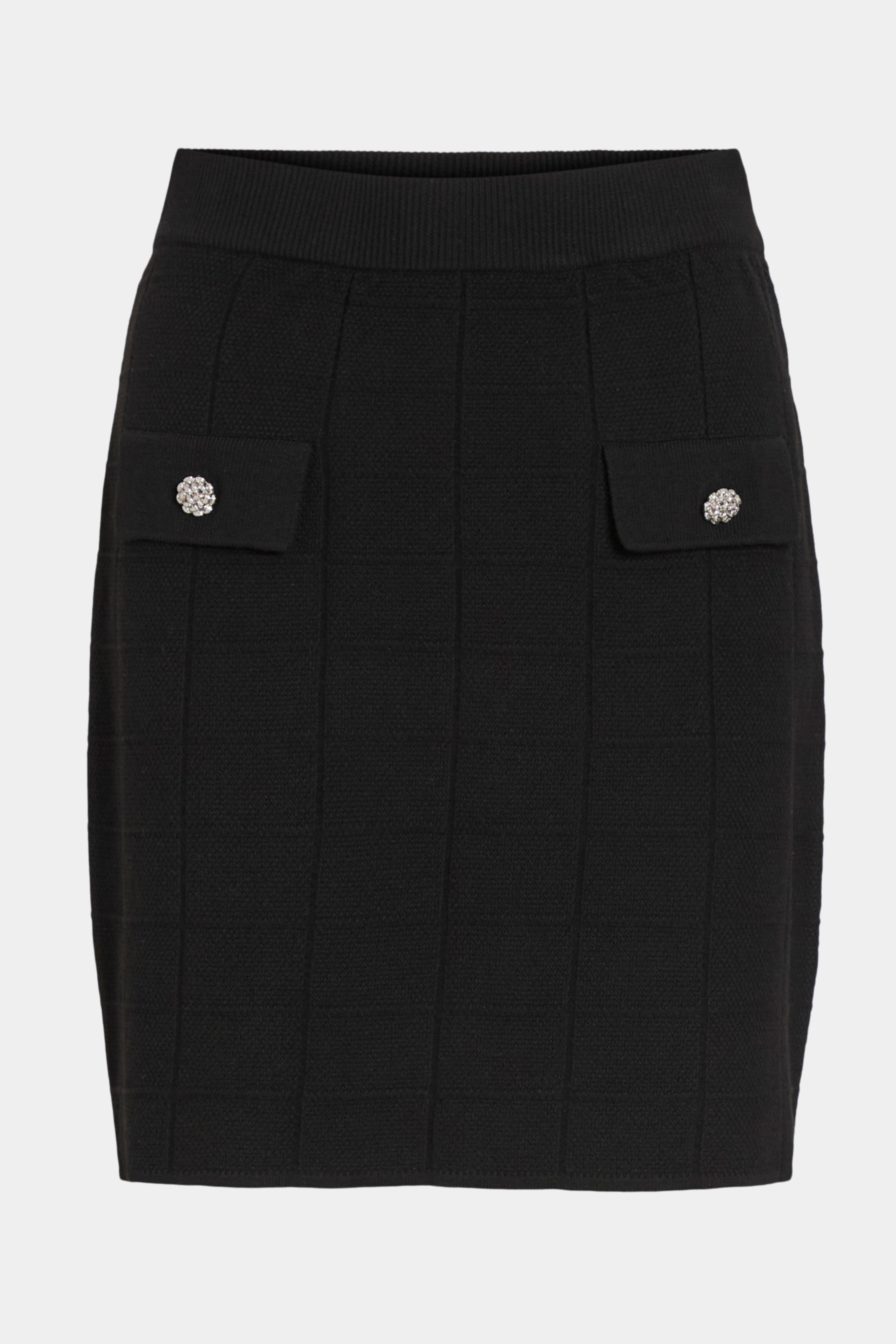 nederdel, skirt, short, mini, kort, strik, knit, ribstrik, blød, soft, stretchy, tætsiddende, lommer, knapper, simili sten, stram, elegant, fin, feminin, hverdag, fest, business, arbejde, work, kvinde, dame, woman